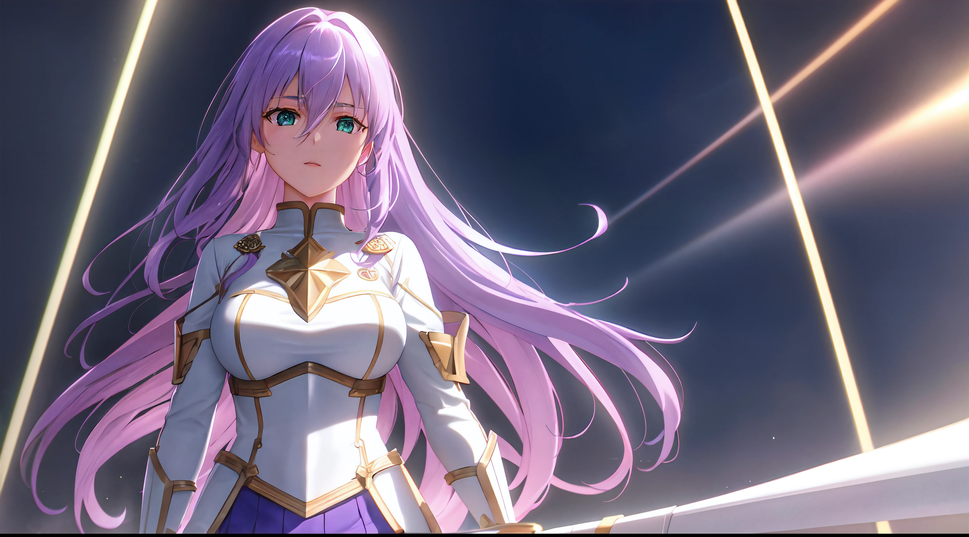 Athena with plain long light purple hair,hair between eyes,green eyes,rosy cheeks,full lips,thin eyebrows,slender body,golden juliet knight armor with very long skirt,cute anime girl,full body,crystals cave,anime style,Lumen Reflections,Screen Space Reflections,Diffraction Grading,Chromatic Aberration,GB Displacement,Scan Lines,Ray Traced,Anti-Aliasing,FXAA,TXAA,RTX,SSAO,Shaders,OpenGL-Shaders, GLSL-Shaders,Post Processing,Post-Production,cell Shading,Tone Mapping,CGI,VFX,SFX,insanely detailed and intricate, 4K,standing, solo, masterpiece, best quality, detailed face, detailed eyes, highres, standing, solo, large_breasts, masterpiece, best quality