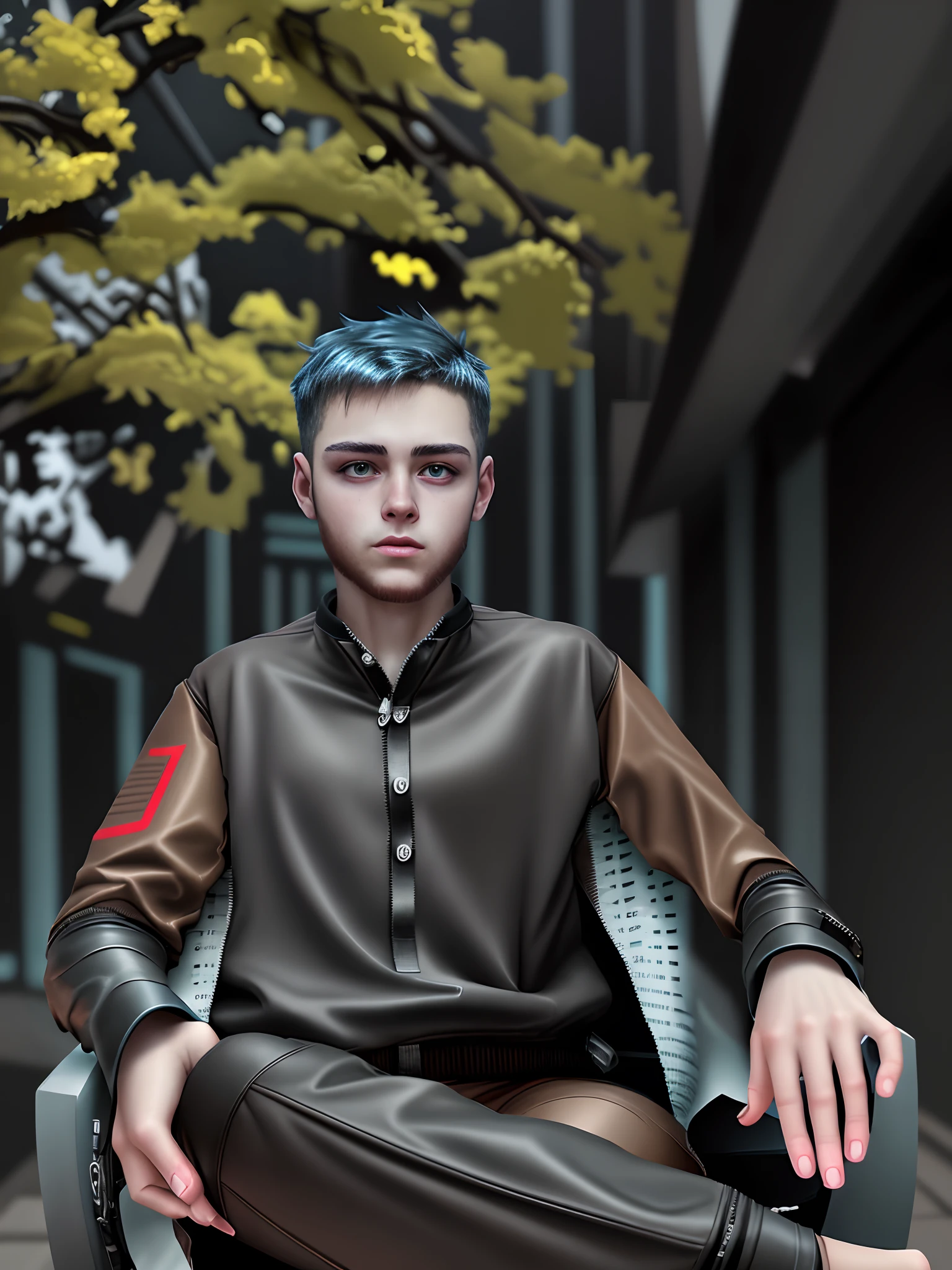 change background cyberpunk, 18 year old boy, ultra realistic, dynamic jacket