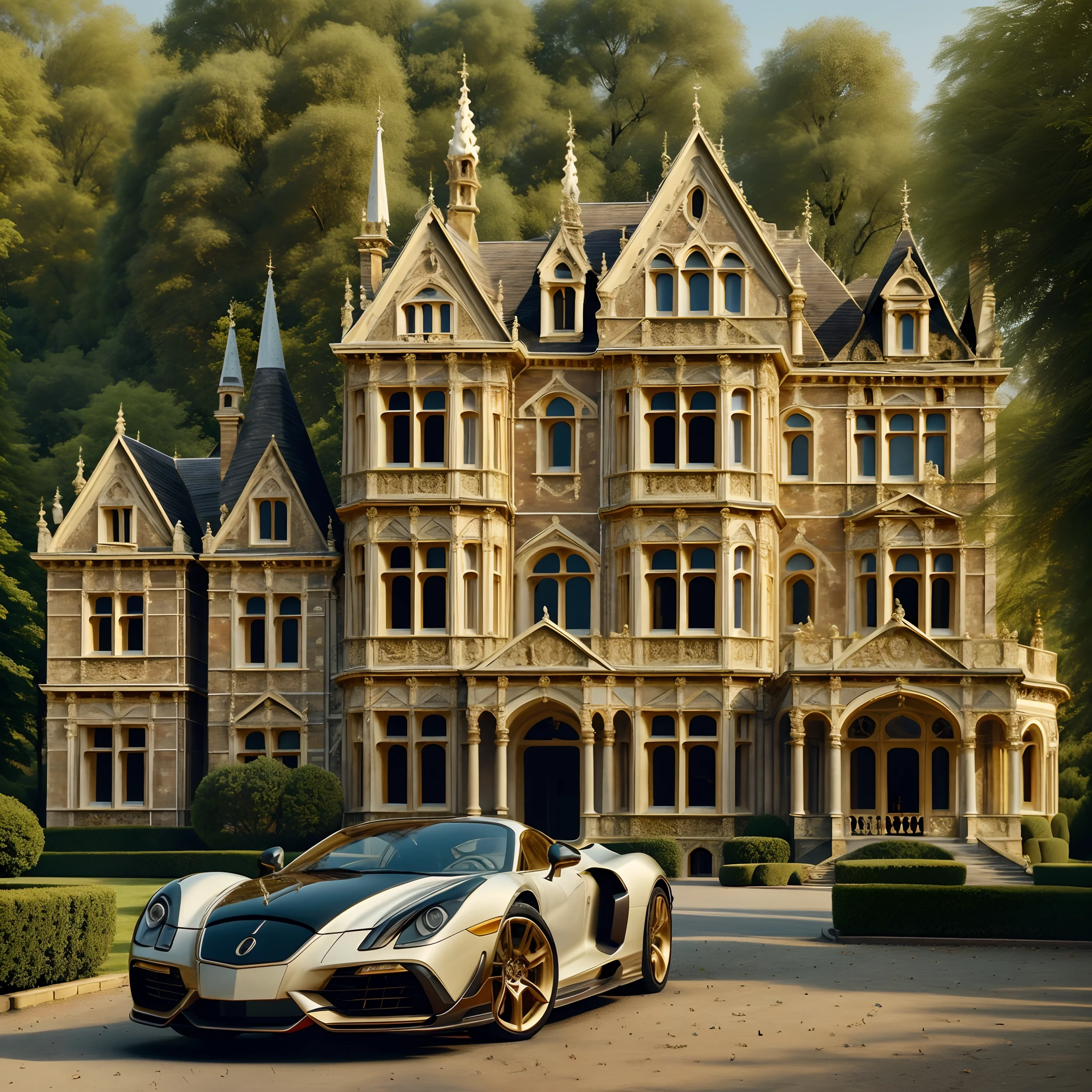 (A woman in a suit 1.8) (There is a luxury car next to it 1.7) (A luxurious manor house 1.9)