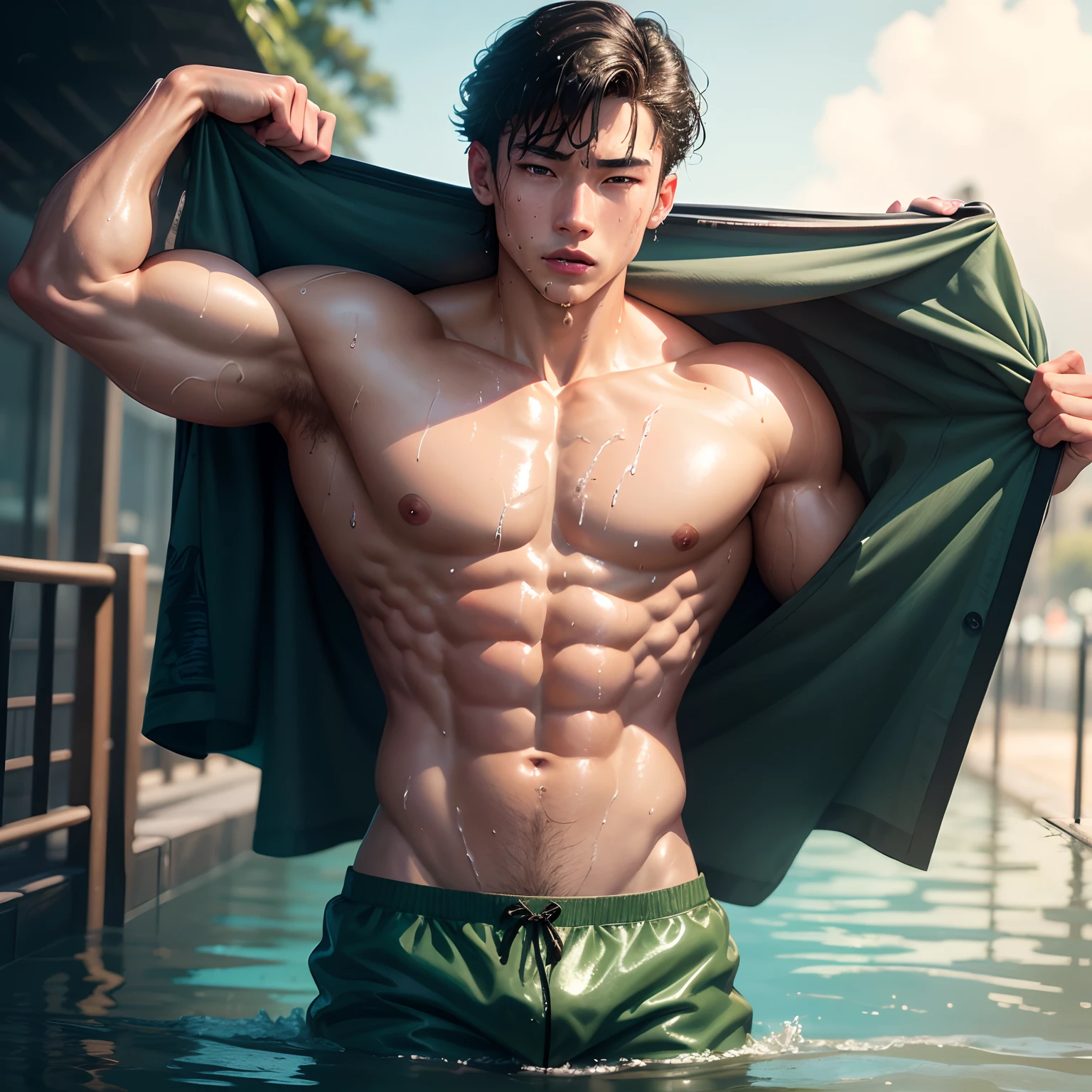(Photottristic: 1.2, Best Quality, 8k, Sensual: 1.3, Wet: 1.3), (Man, Solo, with hands on the chest), 20-year-old Korean bodybuilder, (sweat: 1.2, wet: 1.2), fine skin, (movie lighting), boxer shorts, soft light, (Idol: 1.3) drooling wet, frontage, slime,