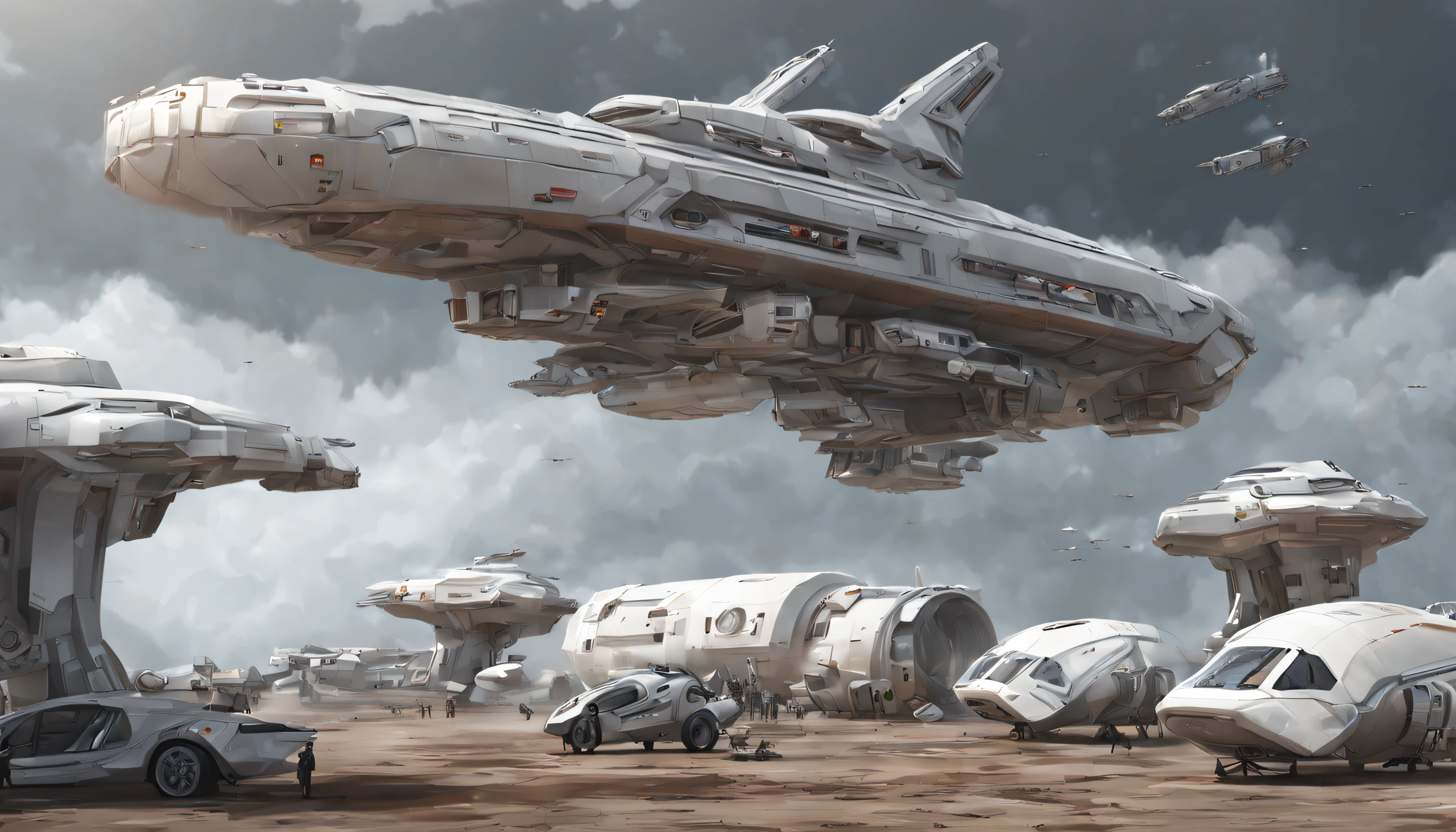 detailed, (spaceships on the ground:1.5), spaceship parking lot, long-distance workers, one spaceship taking off, cloudy weather, artstation render