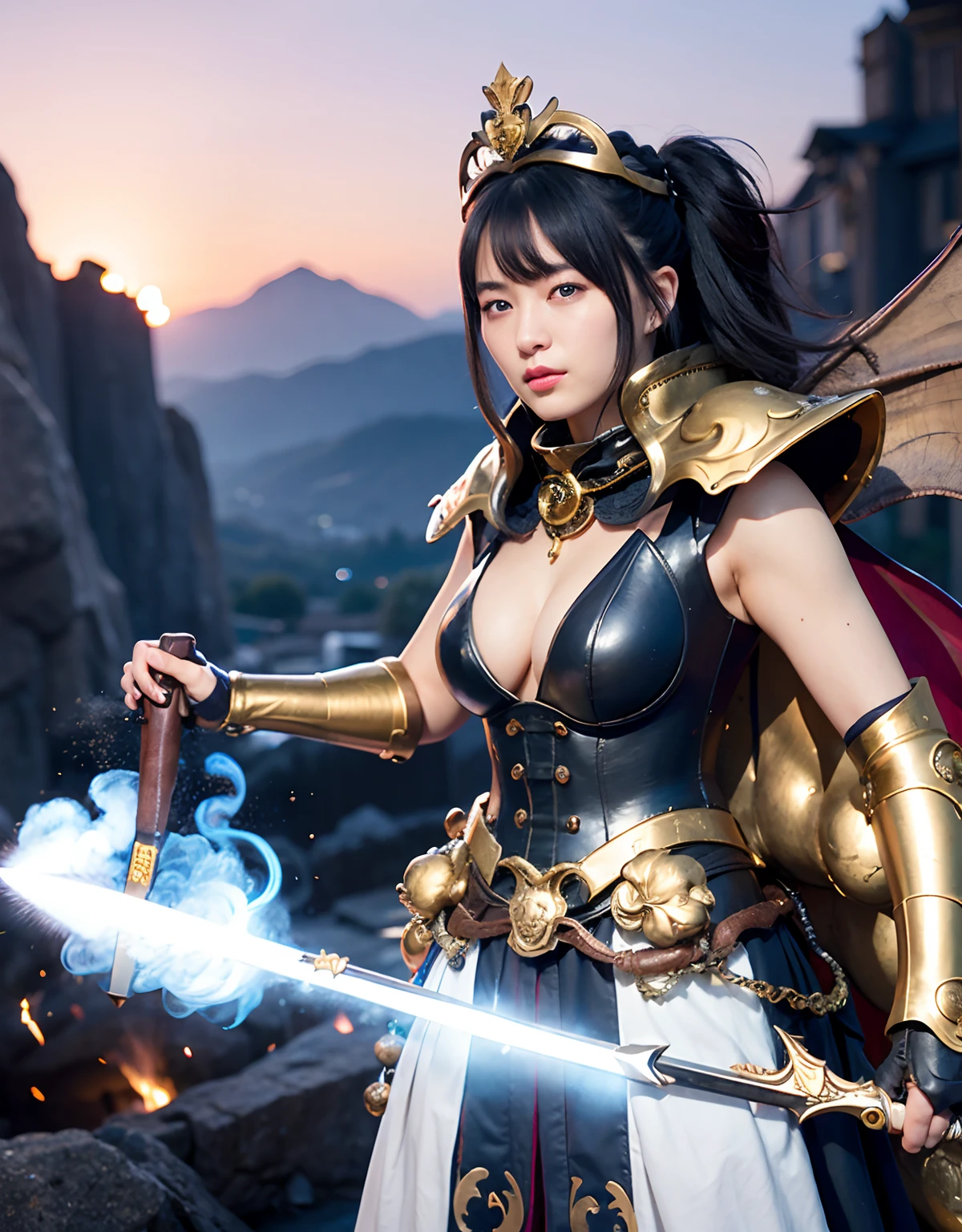 Professional , masterpiece、top-quality、photos realistic , 、top-quality、超A high resolution、(Photorealsitic:1.4)、Raw photo、depth of fields (Gemstone Gold Metal Body:1.9),(Matte White、Toostock、cleavage of the breast、(cleavage of the breast)、(Detailed Dragon Armor)、(Have the strongest weapon)、((Random Hairstyles 1.6),Dark Fantasy,)explosions、intense fighting、(Precipitous cliffs),Dragon Gold Weapon,Mystical expression、Particles of light、Fight dragons、(Detailed Dragon Helmet),Gorgeous Silver Weapons ,(( Dragon's dense and gorgeous sword)) , Beautiful knife ,warhammer 40k ,Detail and gorgeous crown、((Blue hair))、(Castle background)、、((Gangle's forest background))、Beautiful Caucasian beauty、1a person、dynamic ungle,((()))、Smaller head、A smile、Castle background、Thin and beautiful female hands、cleavage of the breast、Soldier in iron armor on background、Mystical expression、Light Effects、intense fighting、Wind-effect、magic circles、With the legendary magic wand、(demonic wings)、Toostock、