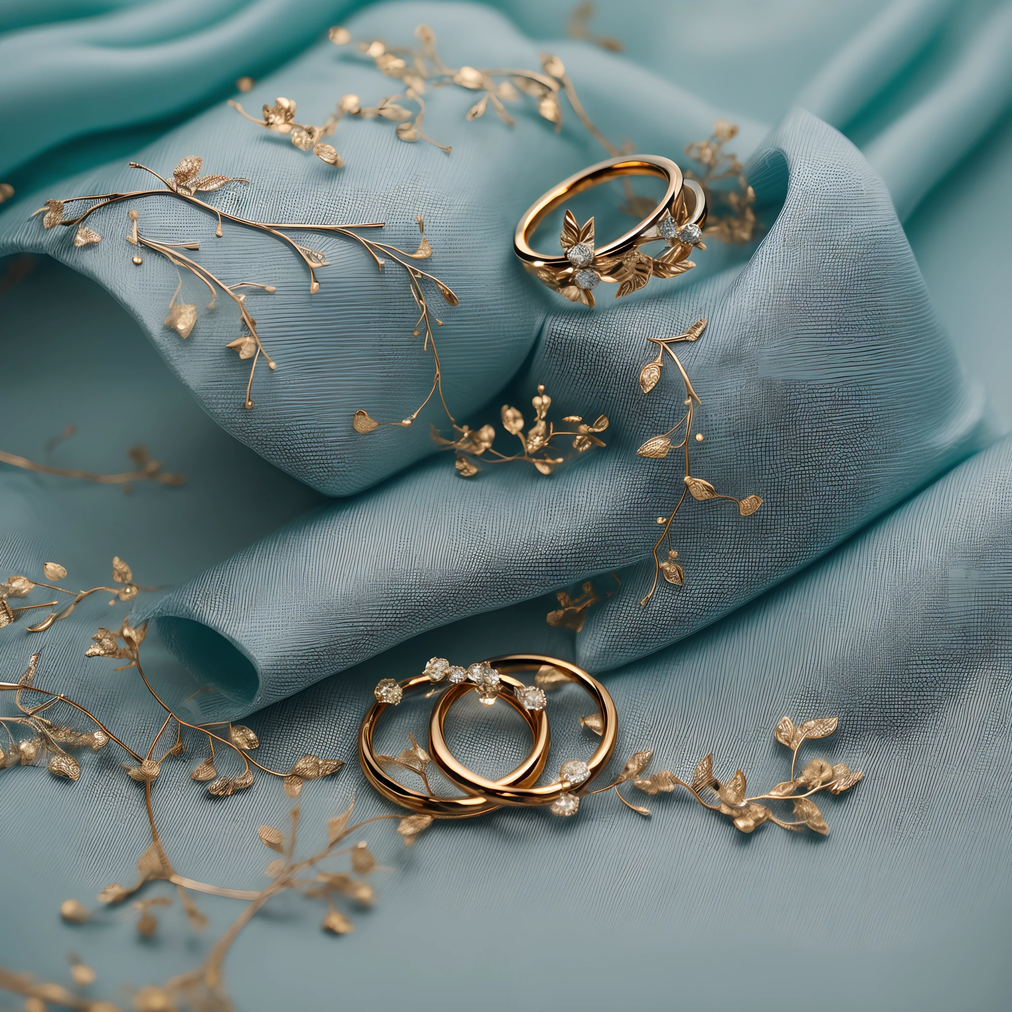 Products photography of one weeding ring, metal materials, gold, beautiful white and cyan diamond