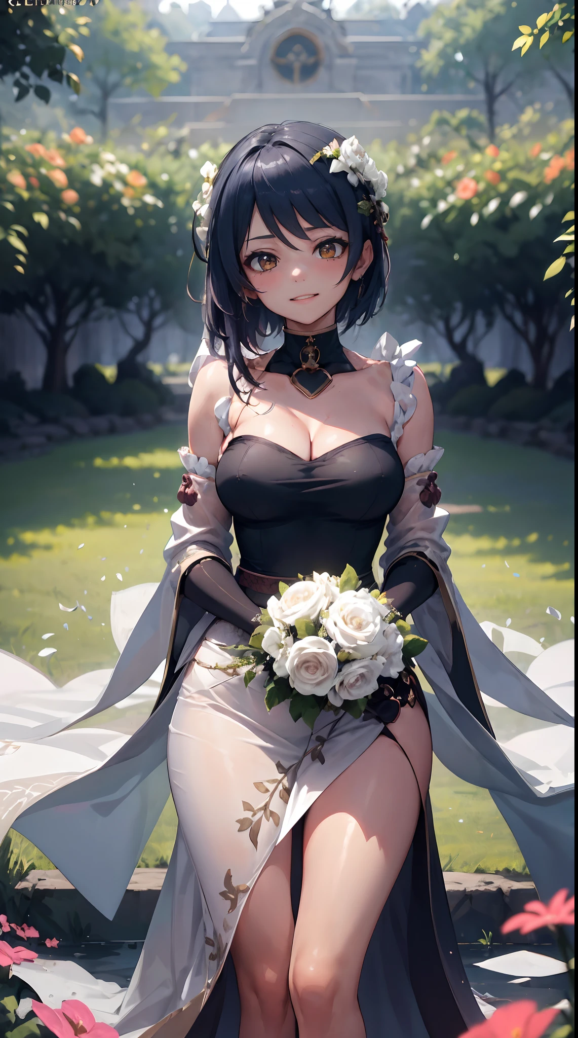 masterpiece, 1girl, chignon hairstyle, natural black hair, altar on field near the river, long eyeliner, red lipstick, sexy pose, flower boutique, medium breast, pale brown eyes, white stocking, rose petals, sexy pose, wedding attire, nsfw