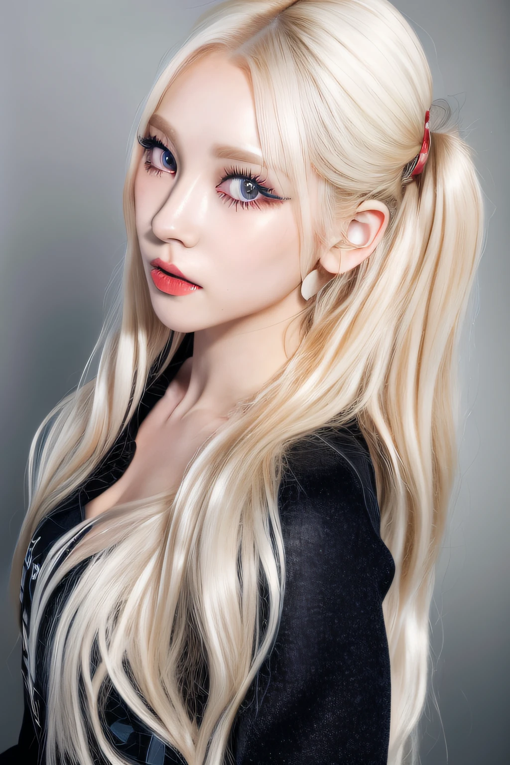 (8k, 4k, best quality, highres, ultra high res:1.1), (masterpiece, realistic, photo-realistic:1.1), 1girl, face, close-up, twintails, blonde hair, black eyes, red lips, (looking at viewer:2), absurdly long hair, long eyelashes, eyeshadow, small face, big eyes,
bare shoulders,
high contrast,