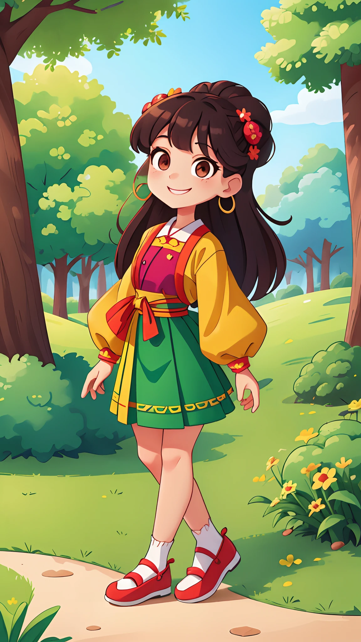 girl with、Observe ant nests in the park、A smile、full body Esbian、Traditional costumes、Distinctive ethnic hair ornaments、Characteristic ethnic shoes
