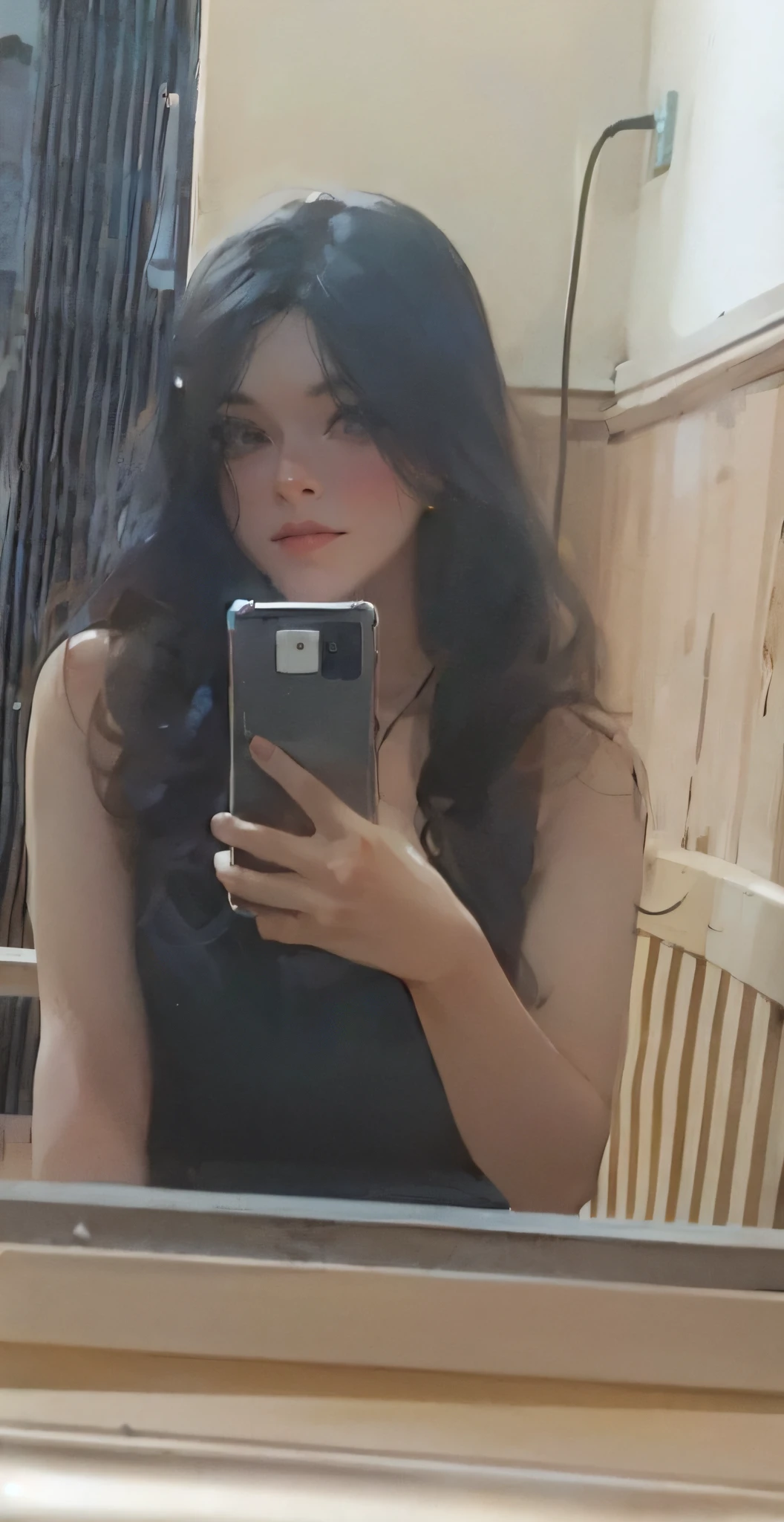 there is a beauty woman that is taking a picture of herself in the mirror, 20 years old, yelow hair