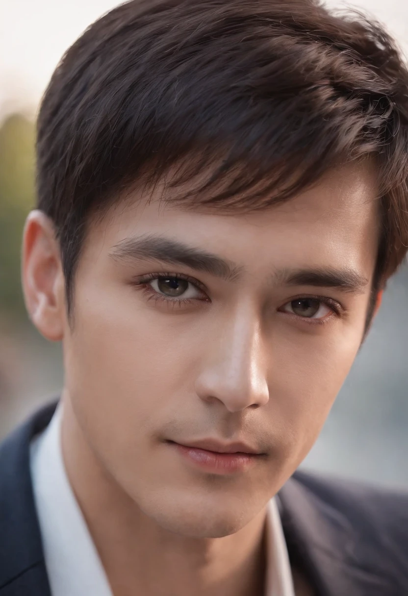 Selfie only,With short black hair ,Beautiful eyes,Light sensitivity in the eyes Long eyelashes,Real and realistic,red rip,Light and Shadow Details,pearlescent,Oguri, Cool guy,Beautiful facial features,young handsome Man,Eyes Like Gems,affectionate eyes,Light lips,Business suits,realistic