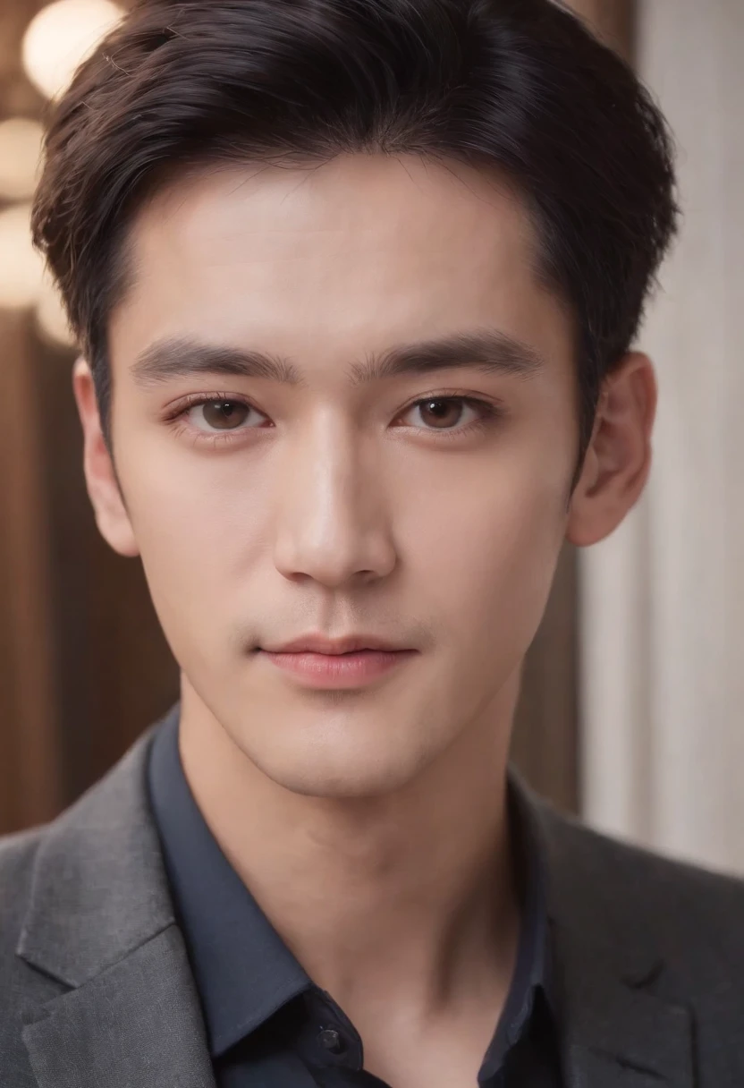 Selfie only，With short black hair ，Beautiful eyes，Light sensitivity in the eyes Long eyelashes，Real and realistic，red rip，Light and Shadow Details，pearlescent，Oguri， Cool guy，Beautiful facial features，young  handsome Man，Eyes Like Gems，affectionate eyes，Light lips，Business suits，realistic