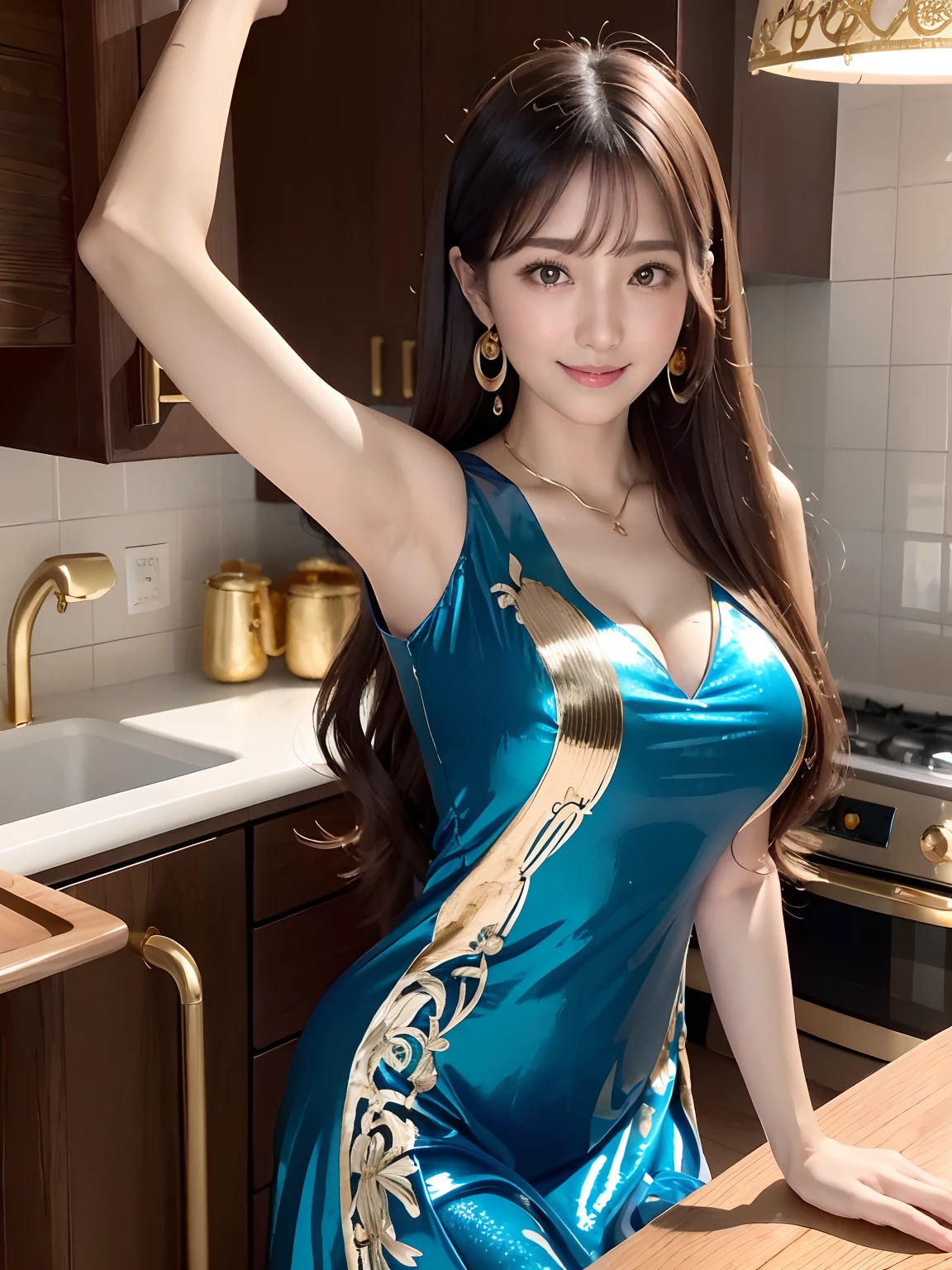 (4 k、top-quality)、(realisitic、Photorealsitic)、(Yakian)、
1girl in、独奏、fullllbody、(Front-facing:1.3)、
perfect hand、up looking_で_the viewer、
whiteshirt、
natta、Kitchen in the house、Hamburger、finerly detailed face、Slightly chubby、The best smile、fairy tail、Fairy wings grow on the back、Light brown long curled hair,((huge-breasted:1.2)),((Shiny blue chic dress with gold embroidery:1.3)), (Cameltoe),35 year old、Nogizaka Idol、actress、Korean Idol、hposing Gravure Idol,place one's arms behind one's back,raise both arm,(Aside)