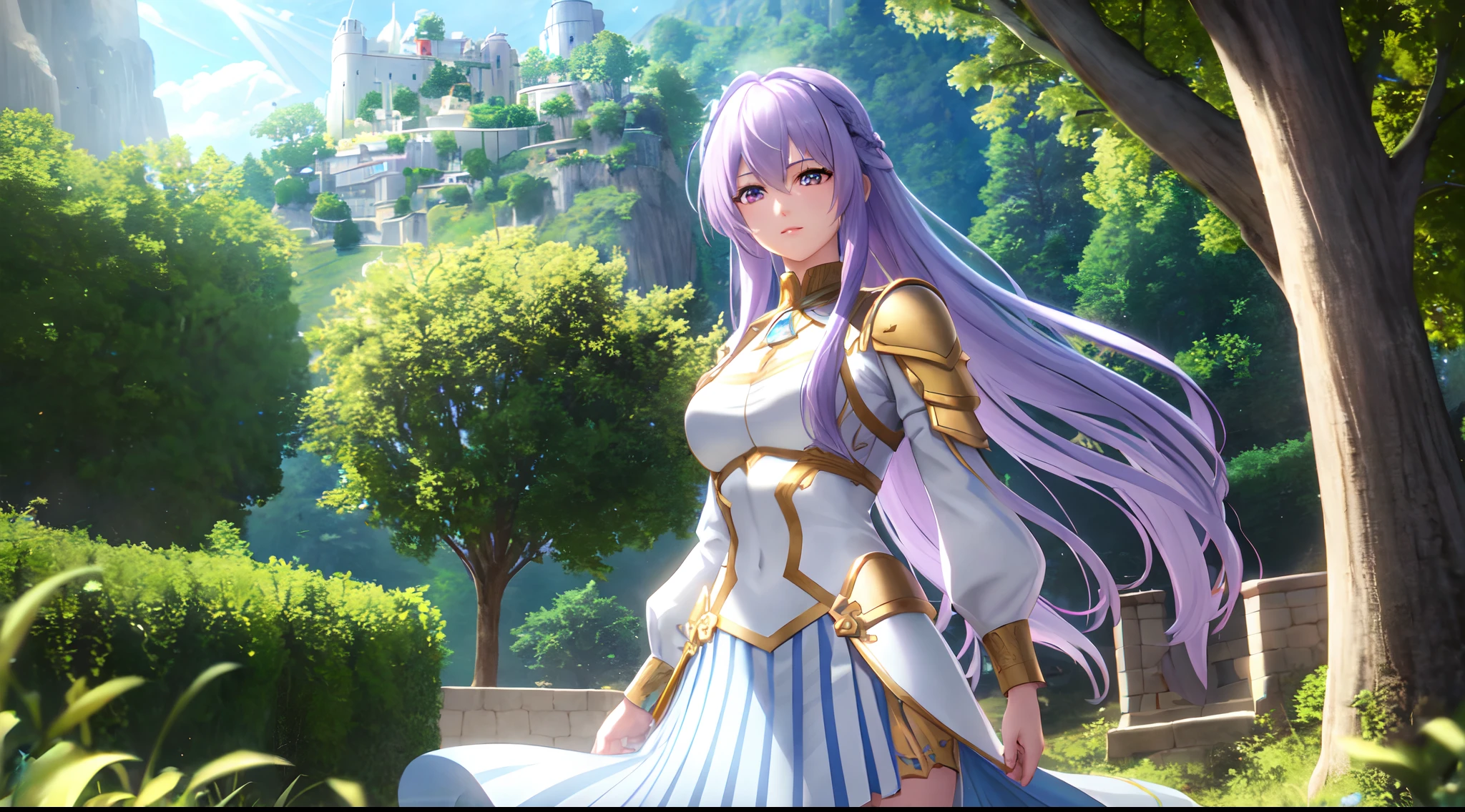 Athena with plain long light purple hair,hair between eyes,green eyes,rosy cheeks,full lips,thin eyebrows,slender body,silver juliet knight armor with very long skirt,cute anime girl,full body,village in background,anime style,Lumen Reflections,Screen Space Reflections,Diffraction Grading,Chromatic Aberration,GB Displacement,Scan Lines,Ray Traced,Anti-Aliasing,FXAA,TXAA,RTX,SSAO,Shaders,OpenGL-Shaders, GLSL-Shaders,Post Processing,Post-Production,cell Shading,Tone Mapping,CGI,VFX,SFX,insanely detailed and intricate, 4K,standing, solo, masterpiece, best quality, detailed face, detailed eyes, highres, standing, solo,masterpiece, best quality