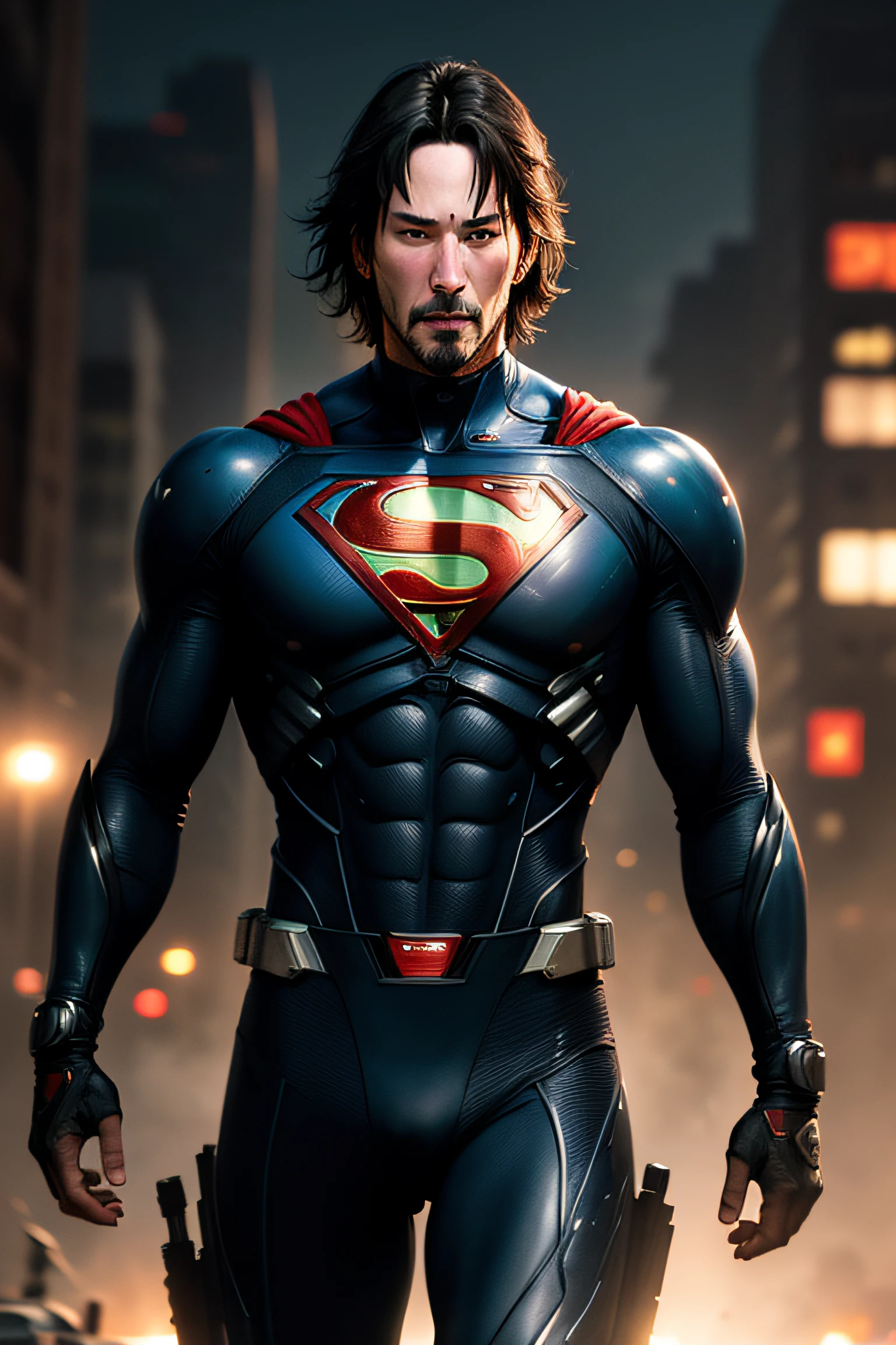 Keanu Reeves - Superman, ciberpunk, Technological suit, hi-tech, Cinematic Photo, Cinematic Lighting, One frame from the active action, Action Frame, foto realista, higly detailed, Clear Focus, High depth of field