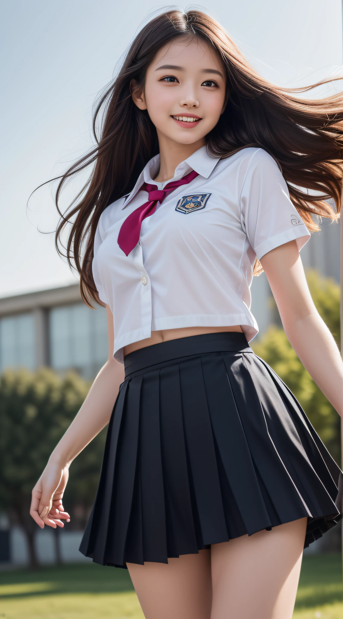 1girl, Amazing face and eyes, smile happily, (extremely detailed beautiful face), (School uniform, pleated mini skirt:1.3), (school uniform with wide open breasts), (naked_shirt:), (Best Quality:1.4), (Ultra-detailed), (Ultra realistic, photo-realistic:1.37), beautiful fair skin, extremely detailed CG unified 8k wallpaper, raw photos, professional photograpy, cinematic lighting, walking, (strong wind), (her skirt flips in the wind:1.7), (panties:1.5), Outdoors, commuting to school, crosswalk, traffic lights, A refreshing morning, sunlight, view from below