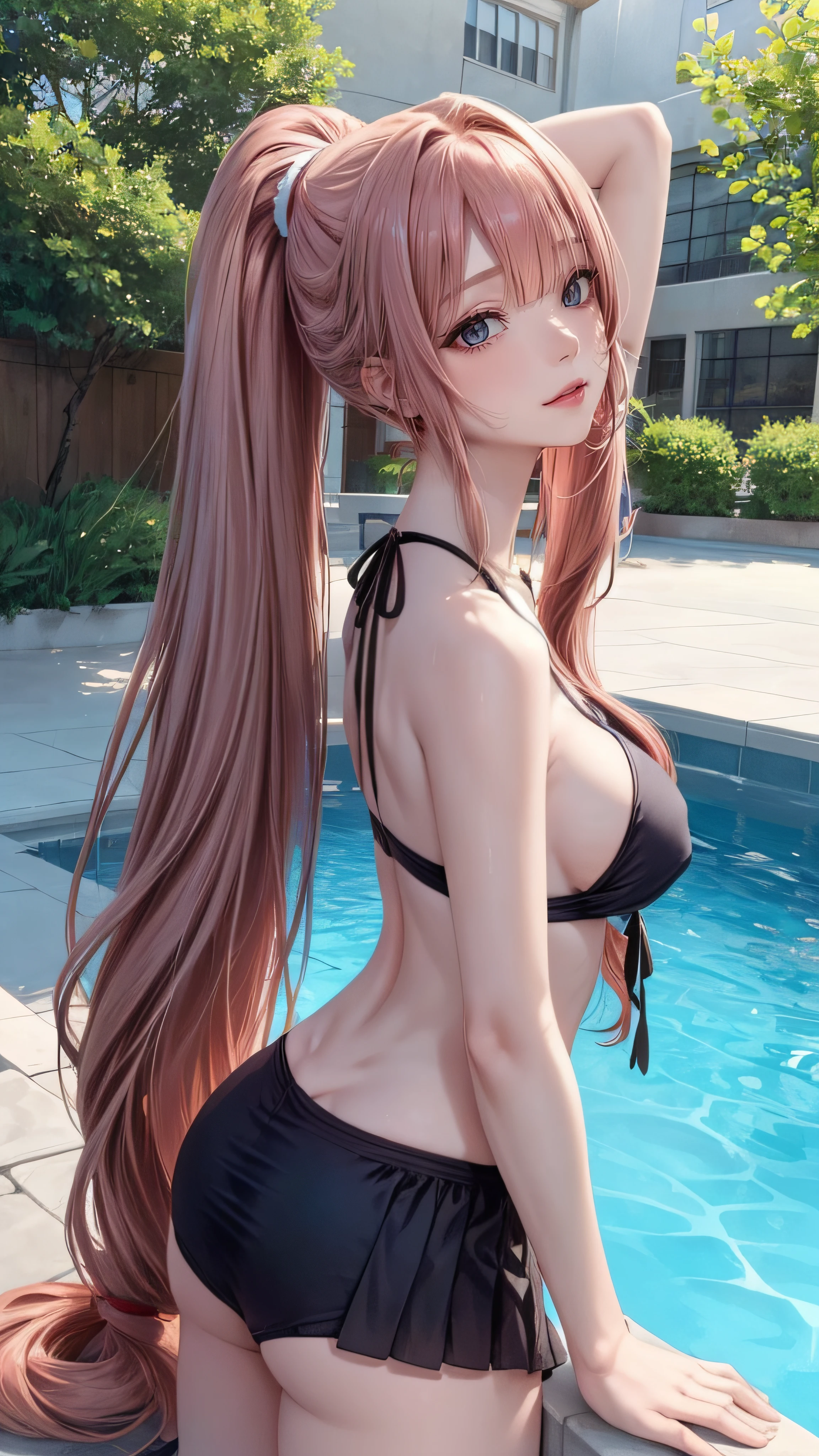 (from below:1.2),((1girl:1.5),curvy,petite,beautiful breasts,pale skin,(pointy breasts),(erect nipples)),((realistic:1.2),high resolution,best quality,masterpiece,Sense of presence:1.5,((Dynamic,bold)))),(extra long High ponytail:1.5),(straight hair),(Swept long bangs:1.5),(extra light coppery red hair),((hair over one eye:1.2)),((clothed),doll),(pool side,sunlight),(porn image),(stretching,arched back)