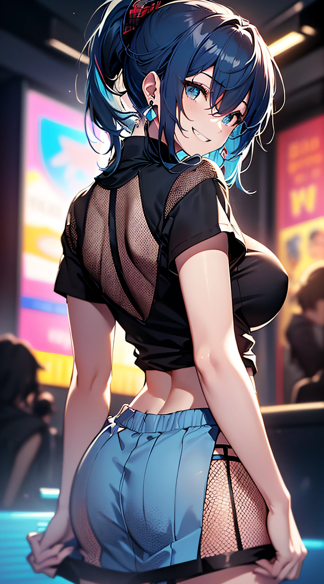 top-quality、Top image quality、masterpiece、girl with((18year old、Best Bust、Medium bust、Bust 85,Beautiful blue eyes、Breasts wide open,Black Short Sleeve T-Shirt、White see-through、Black short skirt、Ponytail with black hair、grin、Fashionable bags、Beautiful blue earrings、emphasis on the buttocks、A slender、Height 175cm,posterior view、Leaning forward、Blue hair mesh))hiquality、Beautiful Art、Background with((Inside the cinema、Red and blue lighting)),masutepiece、Elaborate design、visualart、depth of fields、The best lighting、highestdetailed、