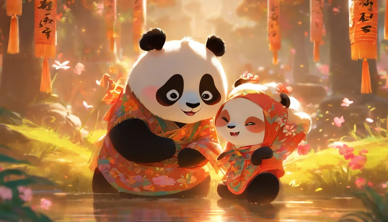 A cute, Cute panda and a big girl in traditional Zhuang costume Stand up and dance, girl with big eyes, rosycheeks, Dance hand in hand,Pandas have black and white fur, Fluffy, And playful. The surrounding flowers are colorful,full of life, The petals sway gently in the breeze. The scene was filled with a warm and joyful atmosphere. Artwork is created in a digital illustration medium, With a touch of realism. The colors are vivid and vibrant, Bring your characters and surroundings to life. The lighting is soft and natural, A soft glow illuminates the scene, creating a serene and peaceful atmosphere. The image quality is the best, Features ultra-detailed features and high resolution. The artwork exudes a sense of innocence, Cuteness, and joy, Capture the warm interaction between the little girl and the panda.