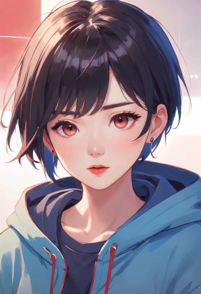 Short black hair Messy hair，Punk style，hoody，Stud earrings necklace，Cool and uninhibited，Close-up portraits，Redlip，Beauty mole，Cai Xukun Handsome guy，Exquisite facial features, super high image quality, beautiful eyes, exquisite facial features, sketch red lips, white skin, eye light, eyelashes, Di Li Gerba, Lee Su-hyuk, Cai Xukun, Ju Jingyi