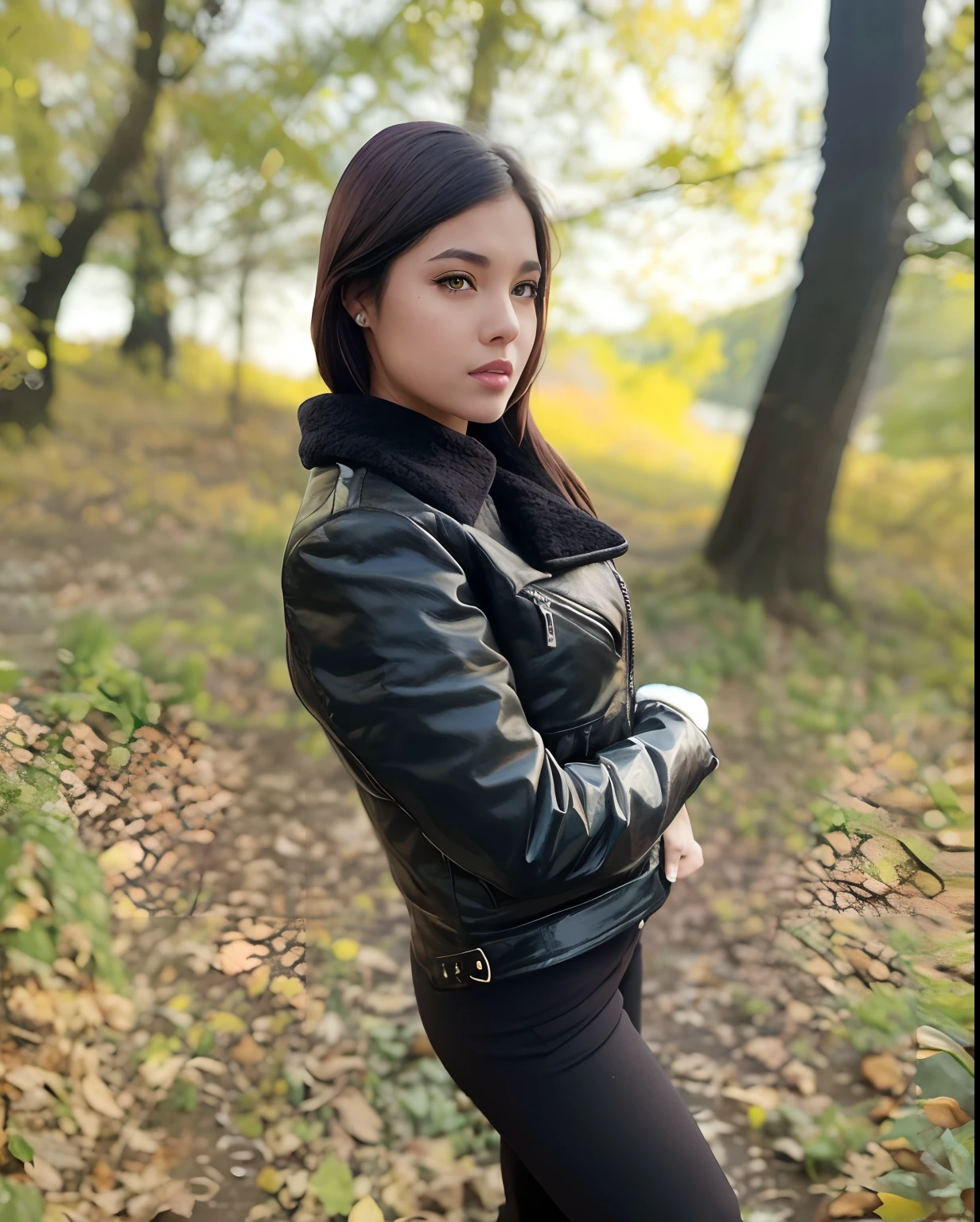 Woman in black jacket standing, Autumn landscape, autumn, Yellow Falling Leaves, a beautiful background, Photographer, HD Quality Photography, Blur von, The background is blurry