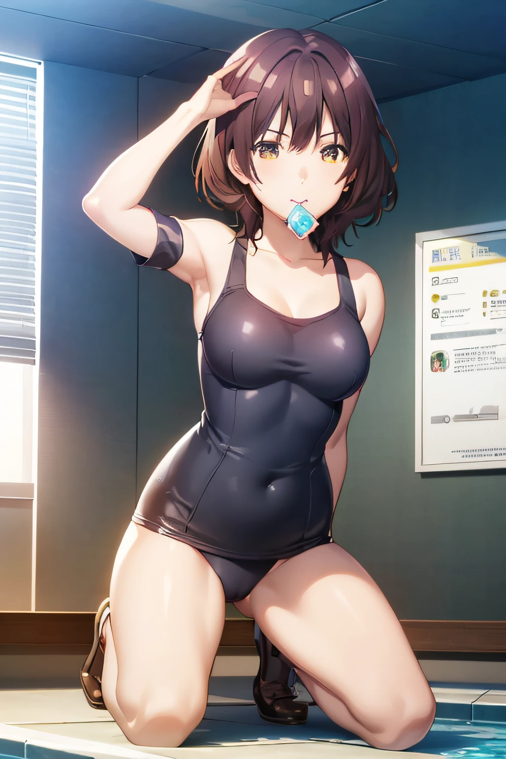 1girl in, lightsmile, Shiny skin, Best Quality, masterpiece, (Game CG:1.4) ,Detailed beautiful face and eyes, Aoi hinami, black bobcut, School swim wear, swimming pools, Bullish look, Raise both hands, Putting a condom in your mouth