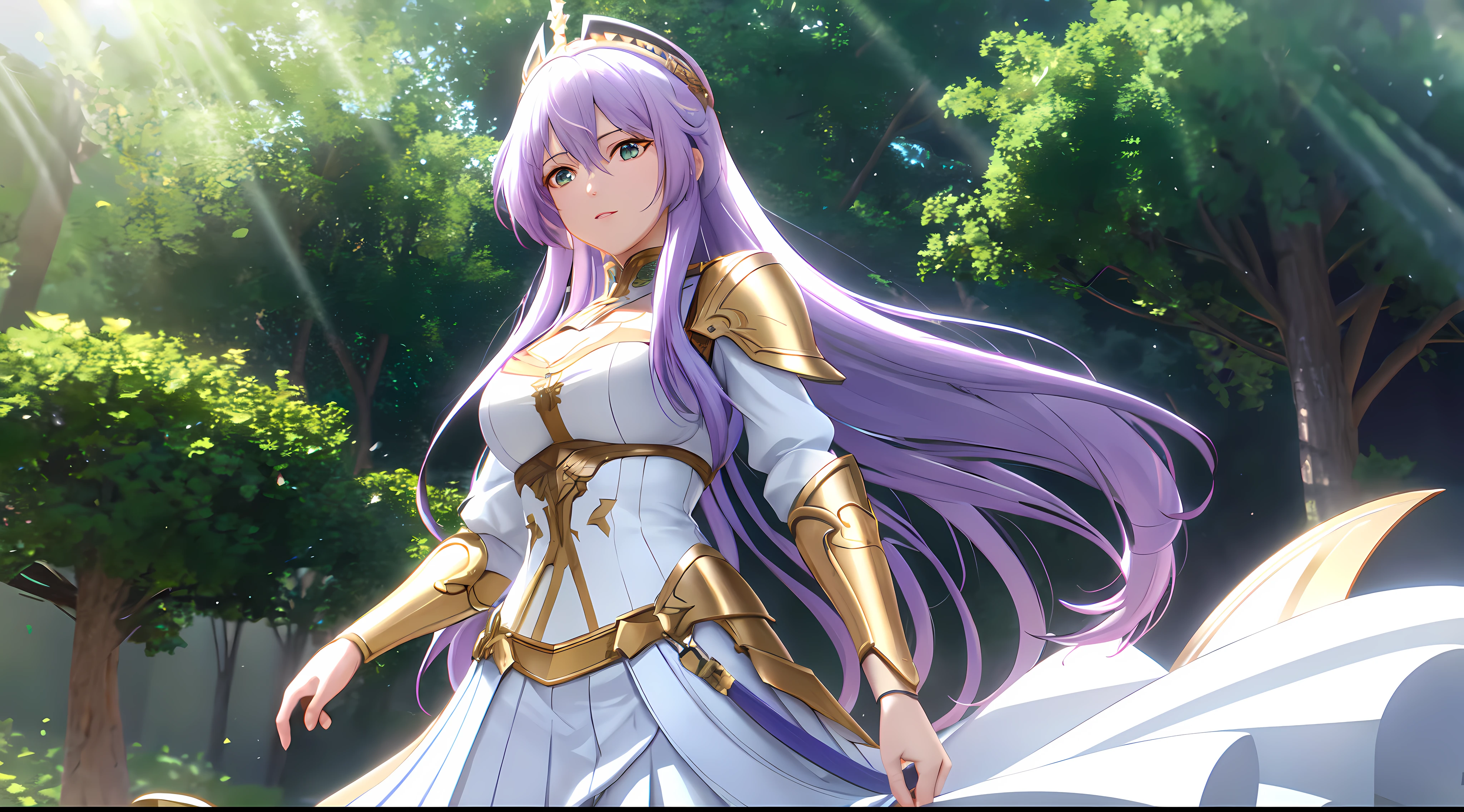 Athena with plain long light purple hair,hair between eyes,green eyes,rosy cheeks,full lips,thin eyebrows,slender body,silver juliet knight armor with very long skirt,cute anime girl,full body,village in background,anime style,Lumen Reflections,Screen Space Reflections,Diffraction Grading,Chromatic Aberration,GB Displacement,Scan Lines,Ray Traced,Anti-Aliasing,FXAA,TXAA,RTX,SSAO,Shaders,OpenGL-Shaders, GLSL-Shaders,Post Processing,Post-Production,cell Shading,Tone Mapping,CGI,VFX,SFX,insanely detailed and intricate, 4K,standing, solo, masterpiece, best quality, detailed face, detailed eyes, highres, standing, solo,masterpiece, best quality
