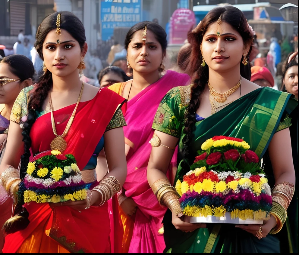 women in colorful saris carrying flowers and garlands in a parade, beautiful women, wearing traditional garb, traditional female hairstyles, showpiece, peredvishniki, elaborate composition, vibrant hues, by Bholekar Srihari, festival of rich colors, a beautiful, beautiful girls, decorated with flowers, an beautiful, traditional, stunningly beautiful, stunning visual, colourful