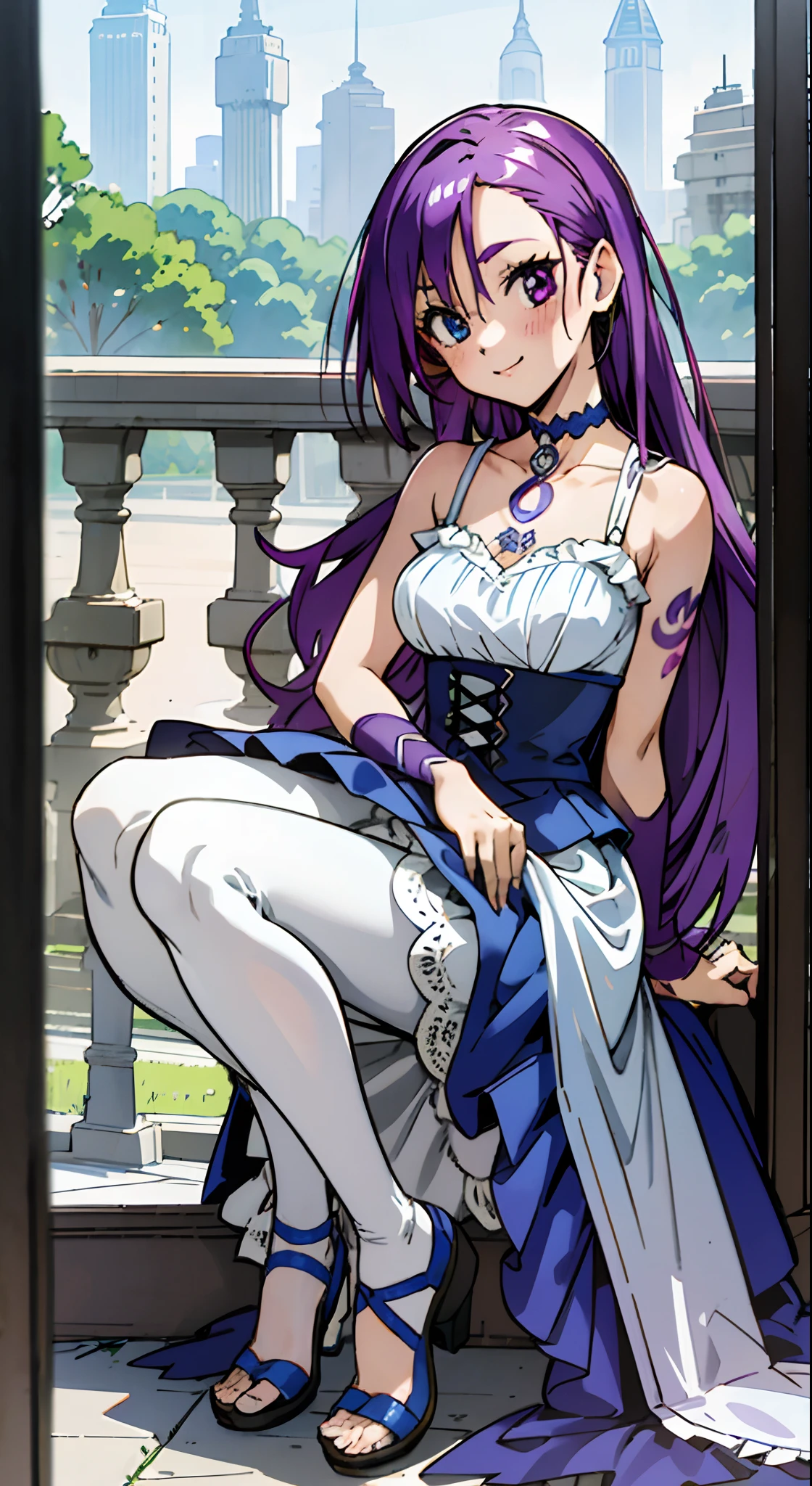 Colorful, Up-close, purple color  hair, Ultra-realistic hair quality, Vibrant colors, Young Girl, 14years old girl, Beautiful long hair, Shiny hair, detailed hairs, Hair Ribbon, Single-sided up, Reo Mikage, Blue Lock, no sleeves, Sleeveless, Open shoulders, Cinderella, Camisole, Panniers and Cinderella, Cinderella Dresses, Lace dress, long-one-piece dress, White tights, White stockings, leggins, Chest exposure, Lace underwear, Metamorphosis is exposed, Choker, Black Choker, complete fingers, Five Fingers, Two arms, Two hands, Two legs, Perfect legs, The tattoo, body tattoo, arm tattoos, Blue Rose Tattoo, Tattoo on the wrist, Relative area, Sexy breasts, Big breasts, red blush, 1girl in, Solo, Sharp face, Heterochromia, Green eyes, Purple eyes, Bare neck, Happy face, lightsmile, Skirt in dress, Panniers in dresses, Sitting on the premises, Scenery of Shanghai, Castles, crouching down, Bare legged, Sandals, masutepiece, Ultra-detailed, Hyper-detailing, Anime, Anime style, Best Quality