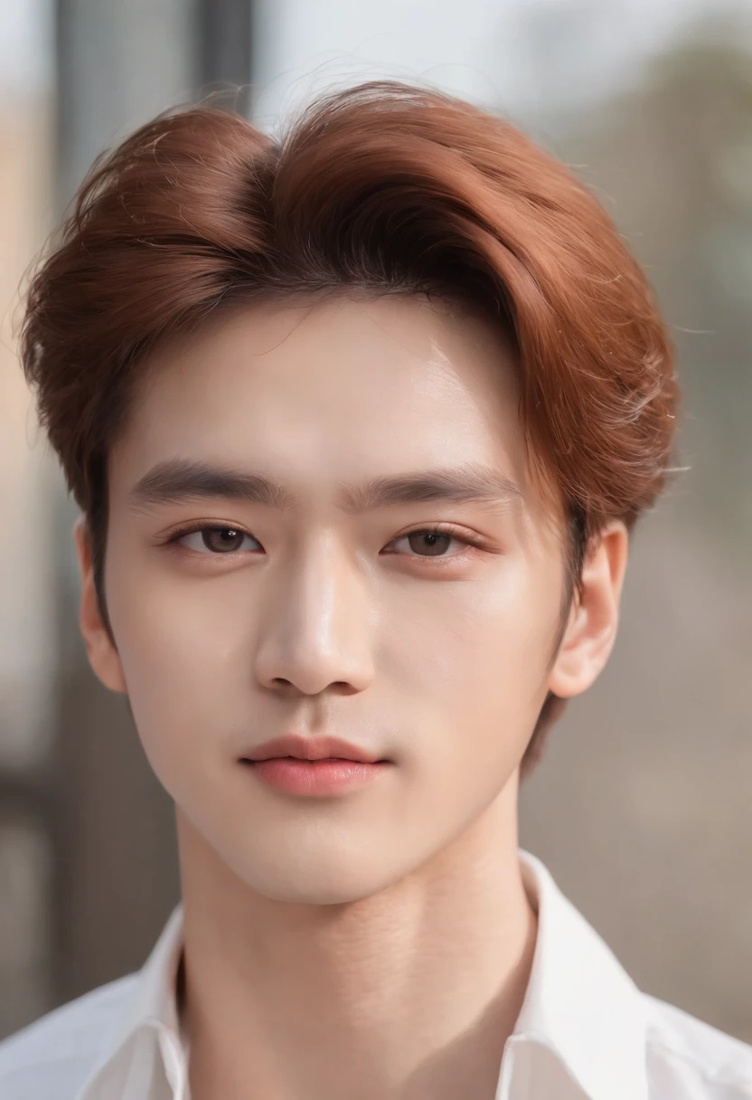 1 man, A pretty Asian man, 28 years old, has a gray eye color. Hyper-realistic picture. Fancy hairstyle with yellowed hair color. The portrait focuses on his face, with a close-up shot taken at 85mm. He is looking directly into the camera. The boy resembles Kim Taehyung and Cha Eun-Woo. The artwork is created using high-quality materials, such as oil painting or digital rendering. The image should have a realistic and photorealistic quality with ultra-detailed features. The lighting is well-balanced, highlighting the boy's facial structure and bringing out vivid colors in the artwork. The overall color tone should be warm and inviting.