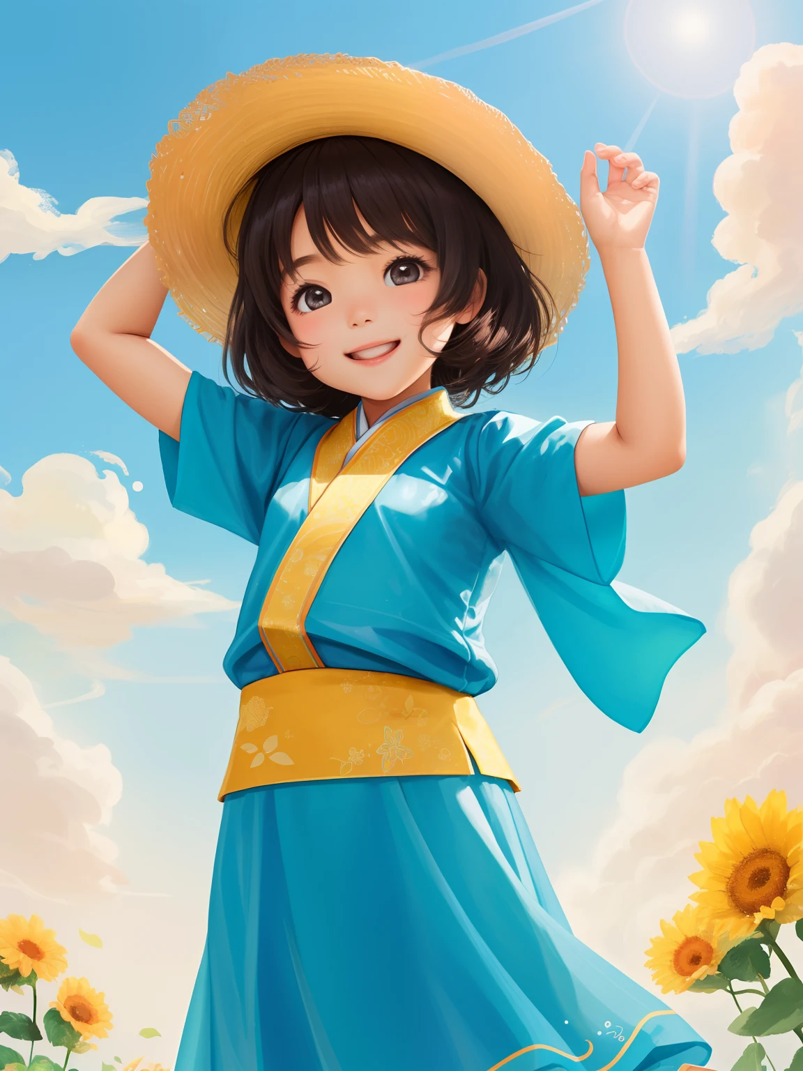 a 5-year-old child, muito fofa, chib desenho em 3d da Pixar, Very delicate and perfect strokes, Asian, Typical clothes, She's joking happily, sorridente.