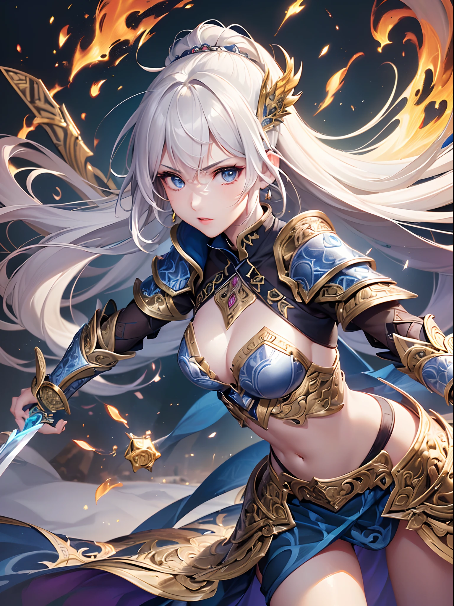 ((Finest quality)),(超A high resolution),(ultra-detailliert),(Meticulous portrayal),((Best CG)),(Finest works of art),Ultra-Precision Art,The art of astounding depiction, (Female Magic Swordsman:1.5),(Armor with intricate patterns:1.5),Hold your sword:1.3,Unleash flaming arrows:1.5, Dynamic poses,