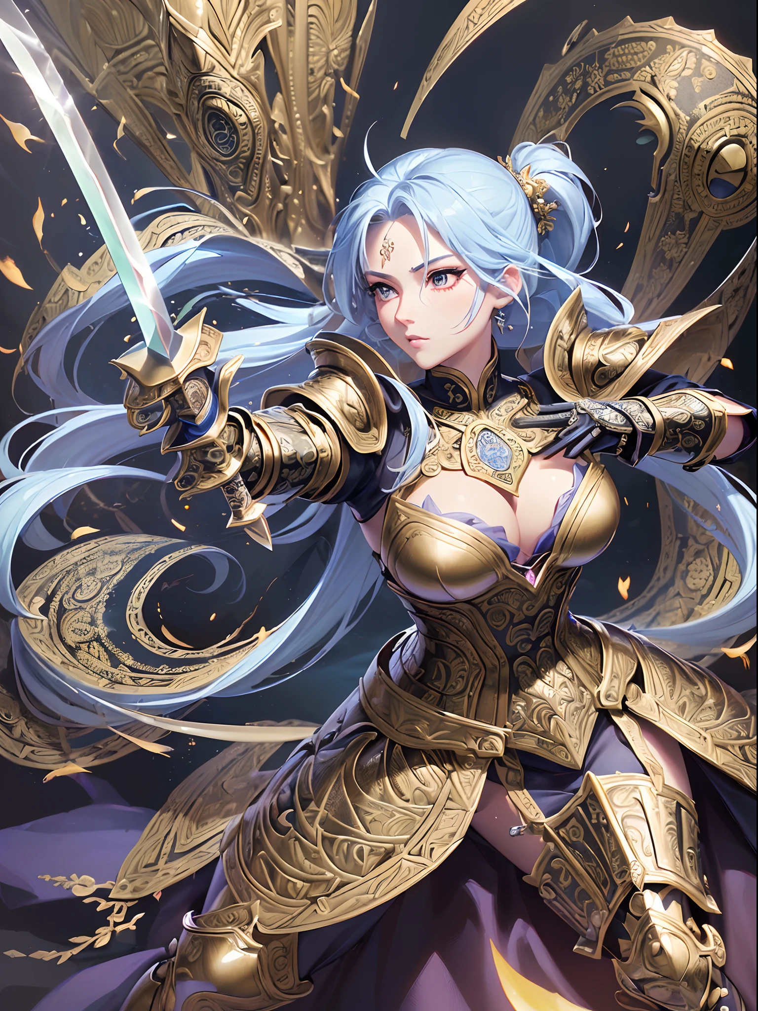 ((Finest quality)),(超A high resolution),(ultra-detailliert),(Meticulous portrayal),((Best CG)),(Finest works of art),Ultra-Precision Art,The art of astounding depiction, (Female Magic Swordsman:1.5),(Armor with intricate patterns:1.5),Hold your sword:1.3,Unleash flaming arrows:1.5, Dynamic poses,