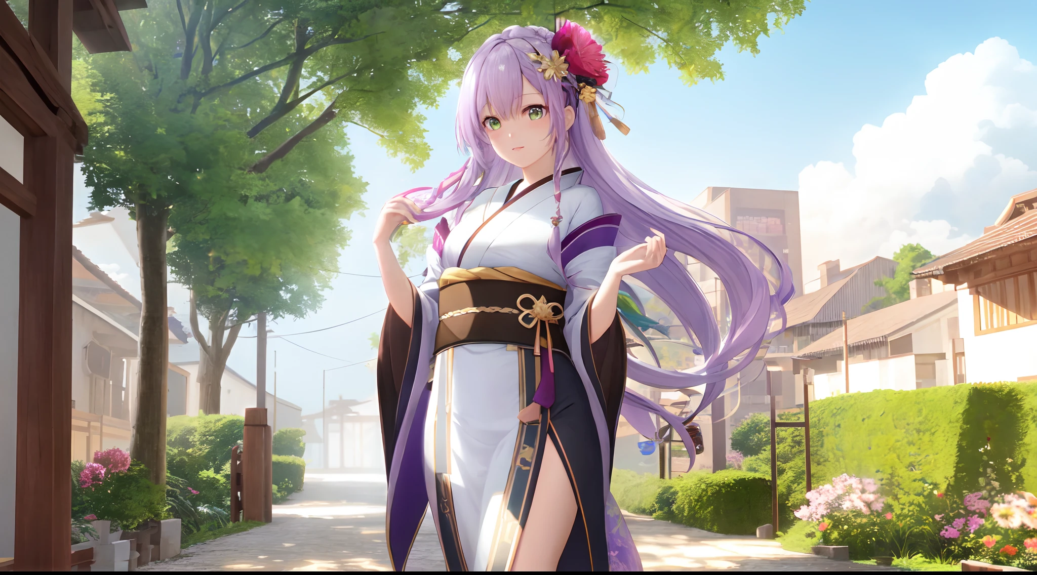 Athena with plain long light purple hair,hair between eyes,green eyes,rosy cheeks,full lips,thin eyebrows,slender body,flowers kimono with very long skirt,cute anime girl,full body,village in background,anime style,Lumen Reflections,Screen Space Reflections,Diffraction Grading,Chromatic Aberration,GB Displacement,Scan Lines,Ray Traced,Anti-Aliasing,FXAA,TXAA,RTX,SSAO,Shaders,OpenGL-Shaders, GLSL-Shaders,Post Processing,Post-Production,cell Shading,Tone Mapping,CGI,VFX,SFX,insanely detailed and intricate, 4K,standing, solo, masterpiece, best quality, detailed face, detailed eyes, highres, standing, solo,masterpiece, best quality