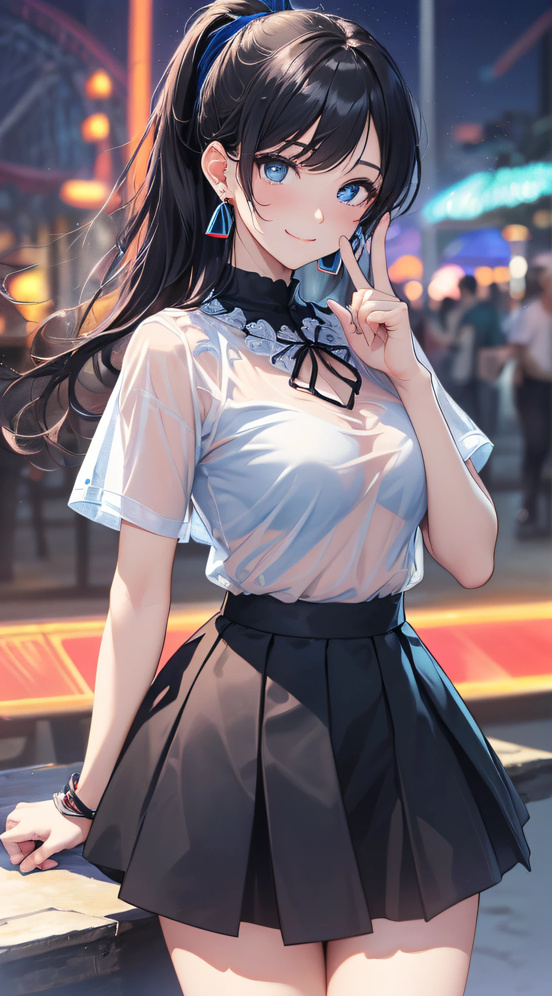 top-quality、Top image quality、​masterpiece、girl with((18year old、Best Bust、Medium bust、Bust 85,Beautiful blue eyes、Breasts wide open,Black Short Sleeve T-Shirt、White see-through、Black short skirt、Ponytail with black hair、Beautiful blue earrings、A slender、Height 175cm,Leaning forward、Blue mesh at left bang.、V-sign with your finger、dye one's cheeks red、A slight smil)）hiquality、Beautiful Art、Background with((Night amusement park、Red and blue lighting)),masutepiece、Elaborate design、visualart、depth of fields、The best lighting、highestdetailed、