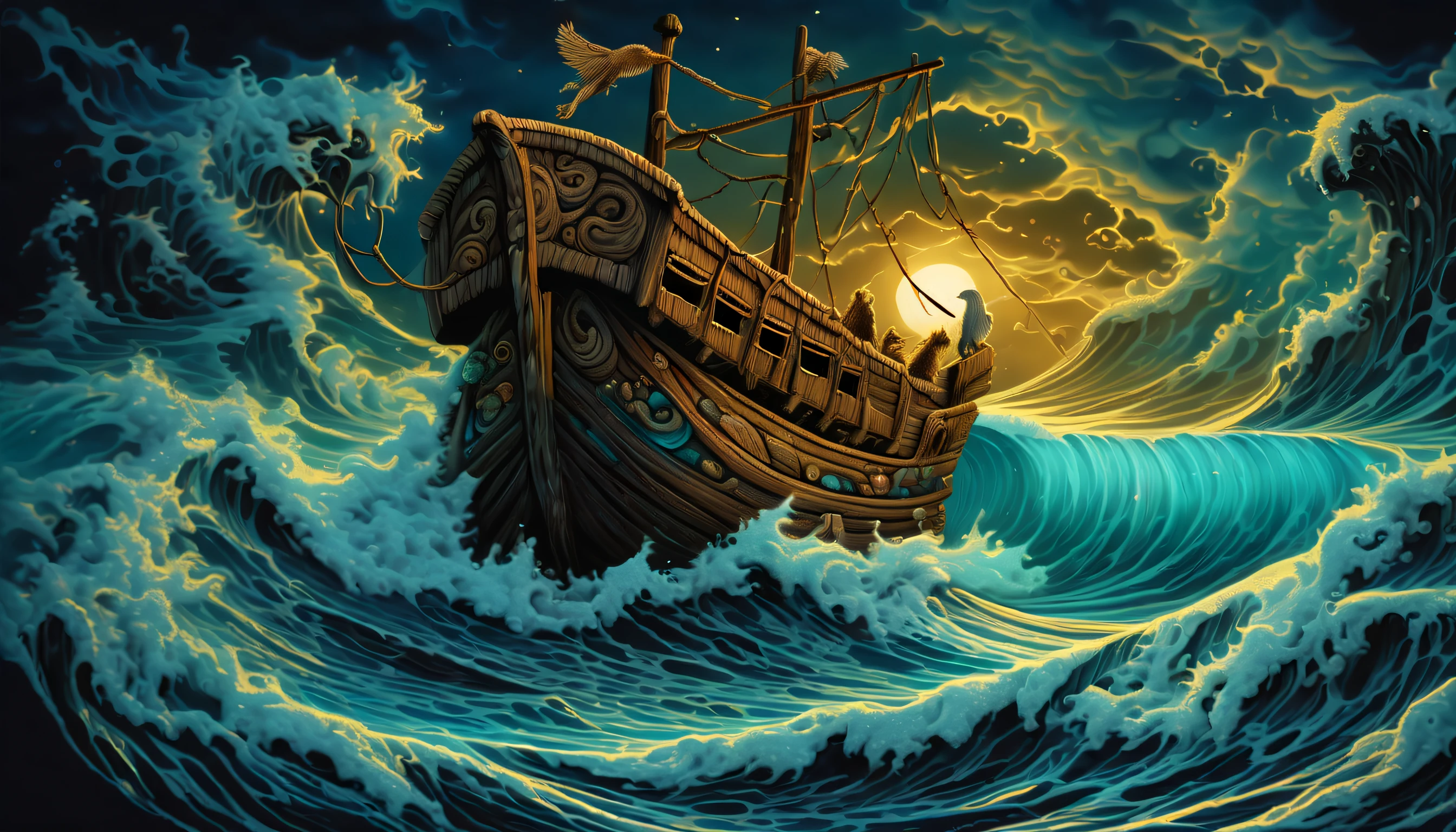 stone age, stunning splash art of beautifully portrays, rich colors coating, dark cyan navy and white black, (((fused Old Testament Noah's Ark and bungalow and myth and with intricate insane detail terrestrial mammal boarding:1.3))), (myth dark fantasy marine monster background intricate of dark:1.2), (intricate details drawing:1.3), (capturing light and dark and shadow :1.3), storm sea and sky, ultimate masterpiece, every pixel shining in its full glory, in the highest resolution and with no blurriness in sight. (highly quality:1.3), ((tachism:1.3)), enchanting quality, (intricate insane detailed of accurate depiction:1.2), impeccable quality, highest quality, highly quality, best quality,