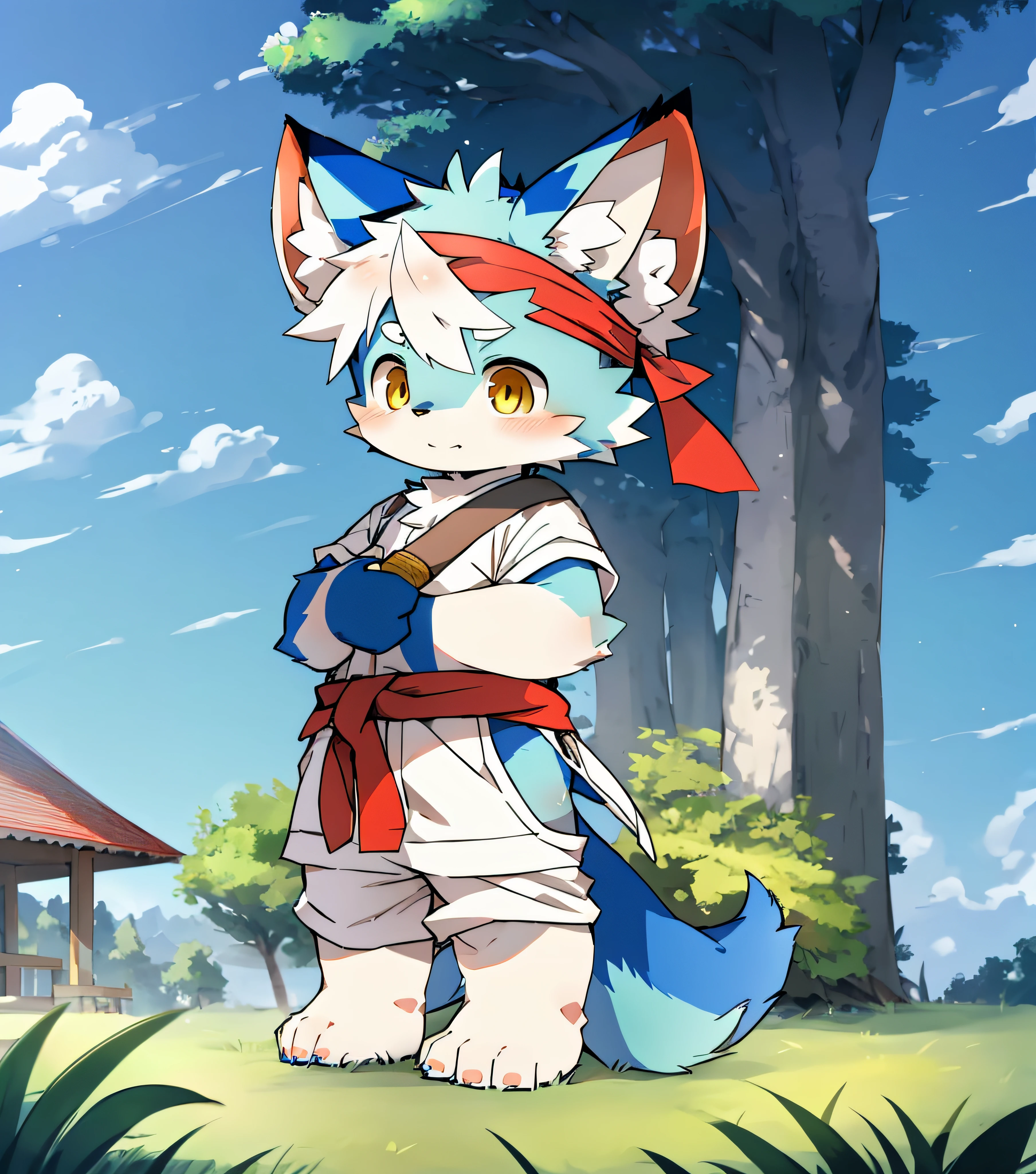 Sky blue fur,Sky blue fur,Sky blue skin,Beast too,Orc little boy,grassy fields,lawns,standing on your feet,Attention,blue-sky,shaggy,shaggy,Sky blue fur,Sky blue fur,Sky blue fur,Sky blue fur,male people,canid,adolable,adolable,adolable,solo person,Sky fur,Golden eyes,Thick eyebrows,Fluffy tail,white short sleeve,short white pants,ultra - detailed:1.0,Libido boy,toddlers,toddlers,toddlers,Children,children's,Gamine,Beast too,Beast too,Beast too,adolable,adolable,younge boy(Via Dagasi:1.1),anatomy correct,Barefoot clawed,Barefoot paws,standing on your feet,Attention,bald-headed,bald-headed,balding,balding,Sky blue paws,Stand on the lawn,standing in grassy field,Stand on the lawn,red waistband,Red headband,Blood,A child with a katana in his hand,A child with a serious expression,Sky blue fur