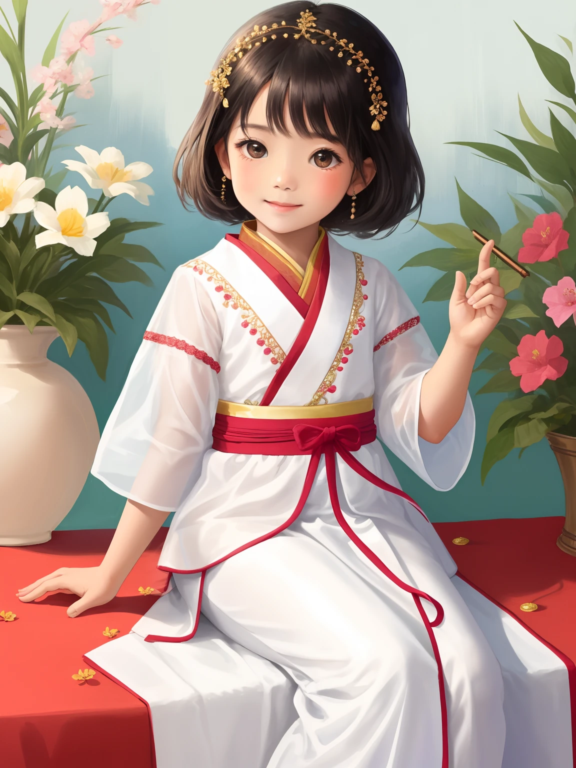 A 5--old ito fofa, Very delicate and perfect strokes, Asian, Typical clothes, She's playin' merrily, sorridente.