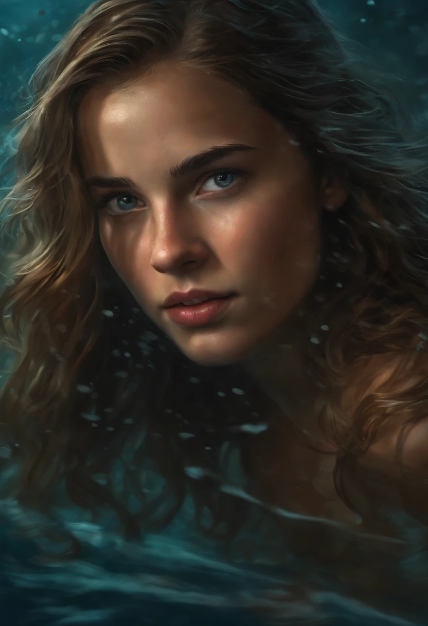 16-year-old female FBI profiler, sweet, playful, light brown hair, hazel eyes, underwater, looking scared, man holding her aggressively, portrait, oil painting, high-res, ultra-detailed, realistic, vibrant colors, dramatic lighting.