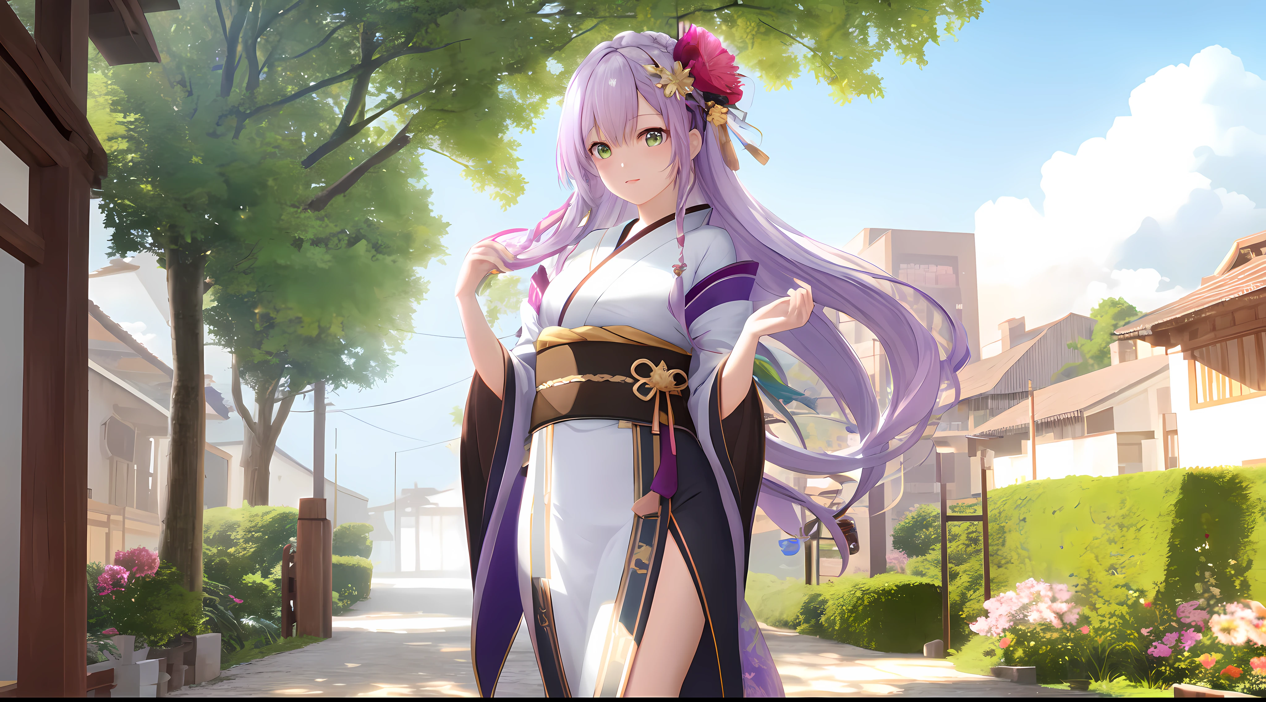 Athena with plain long light purple hair,hair between eyes,green eyes,rosy cheeks,full lips,thin eyebrows,slender body,flowers kimono with very long skirt,cute anime girl,full body,village in background,anime style,Lumen Reflections,Screen Space Reflections,Diffraction Grading,Chromatic Aberration,GB Displacement,Scan Lines,Ray Traced,Anti-Aliasing,FXAA,TXAA,RTX,SSAO,Shaders,OpenGL-Shaders, GLSL-Shaders,Post Processing,Post-Production,cell Shading,Tone Mapping,CGI,VFX,SFX,insanely detailed and intricate, 4K,standing, solo, masterpiece, best quality, detailed face, detailed eyes, highres, standing, solo,masterpiece, best quality