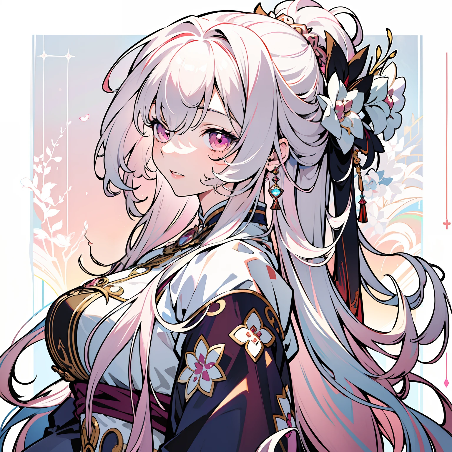 masterpiece, bestquality, official art, high-detail, illustration,
1 girl, Upper body, detailed eyes, Light pink eyes,
Hanfu pink gradient, Intricate patterns, luxury dress, Dynamic Poses,
(Long rainbow hair:1.1), (White Hair:1.2), floating hair, Light pink hair ends, (knit:0.8) gradient hair,