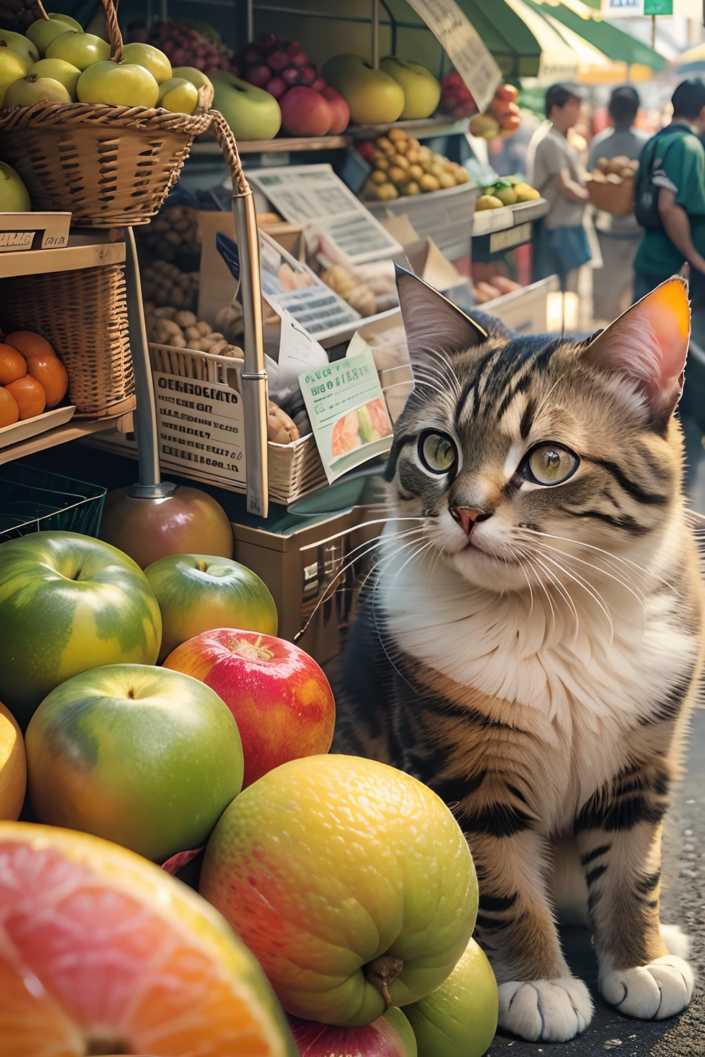 A round-eyed cat, Sitting at a fruit stall selling something, streetview,