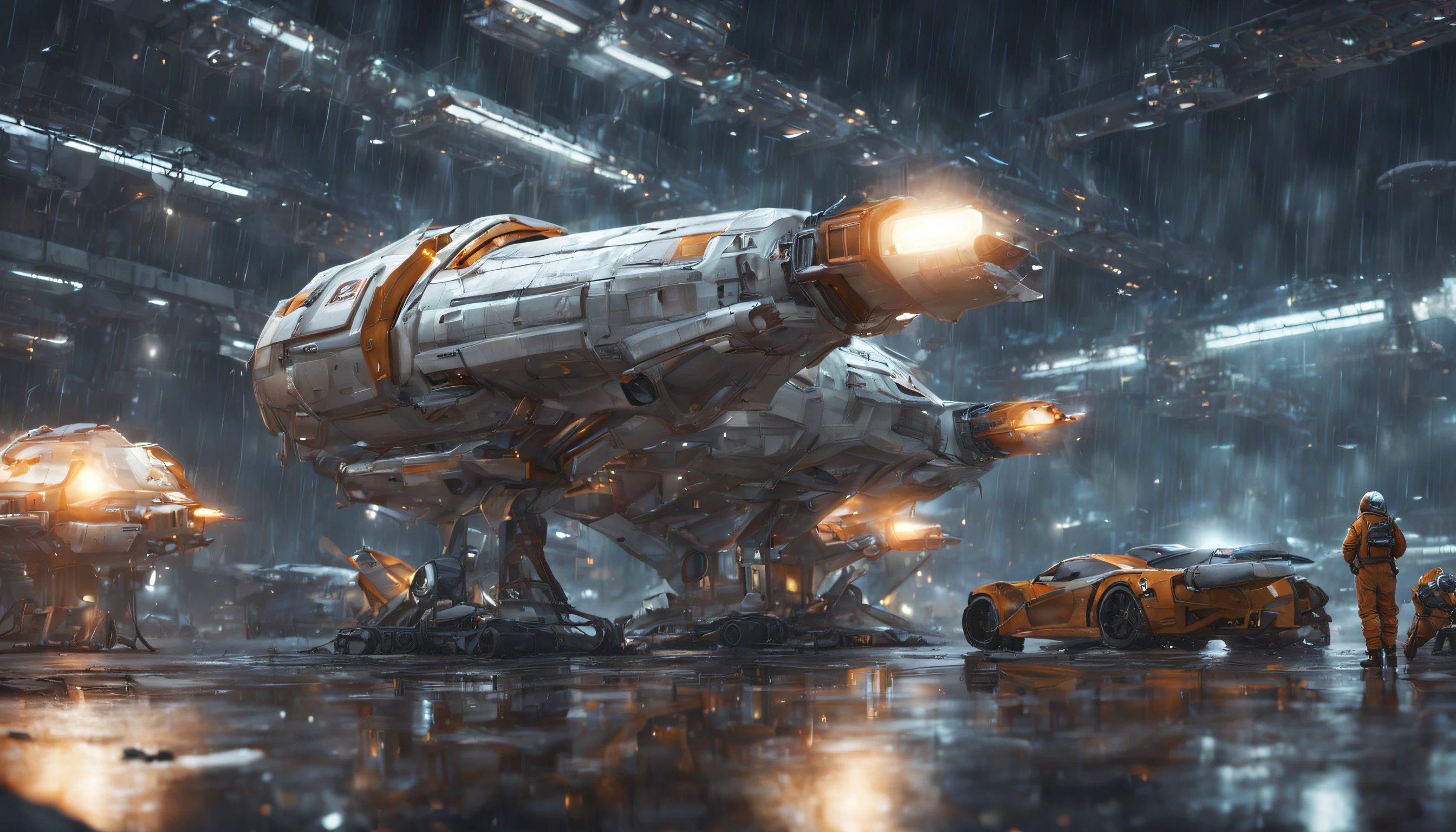 detailed, (spaceships on the ground:1.5), spaceship parking lot, long-distance workers, one spaceship taking off, rainy night, artstation render