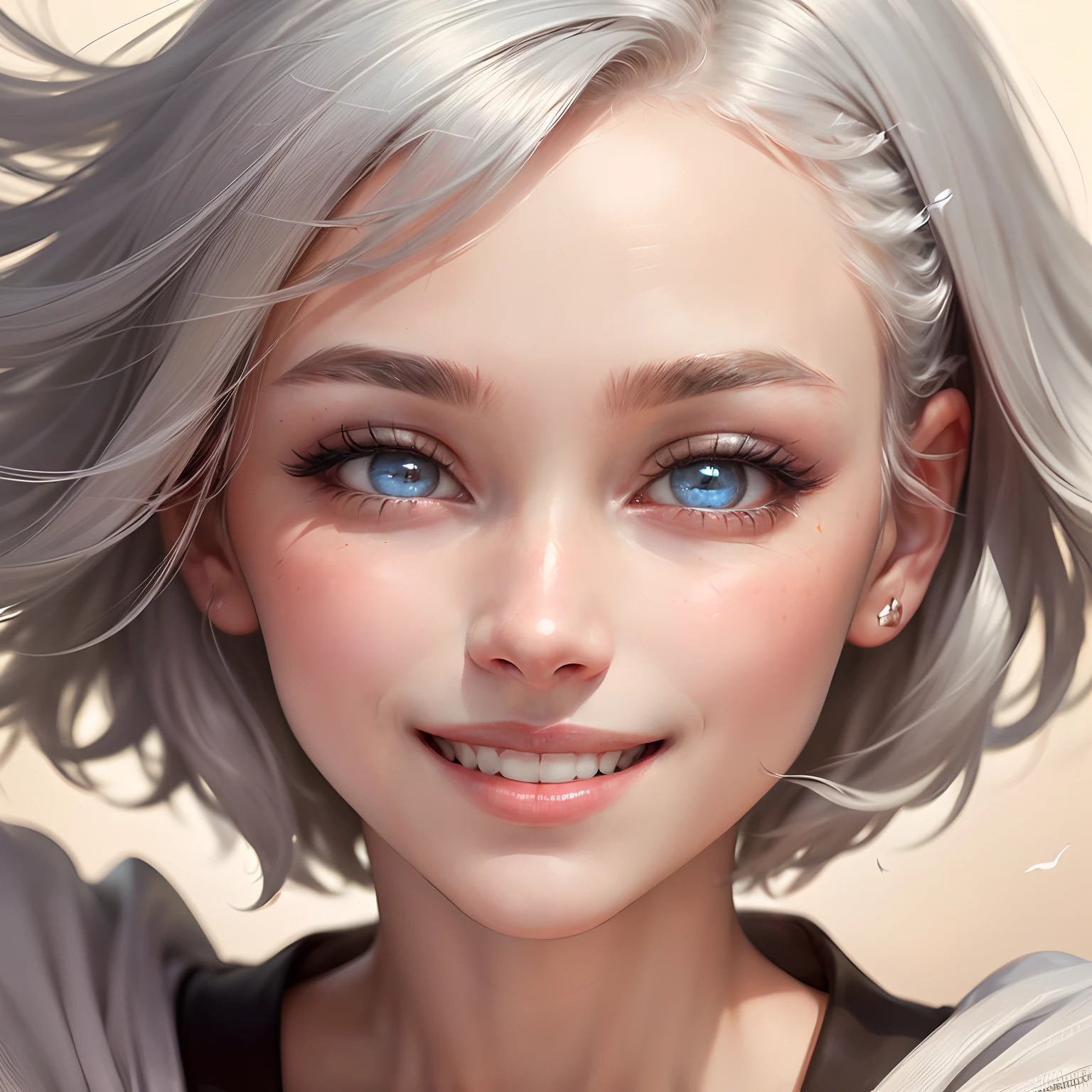 (((best masterpiece))), (((best quality))), (((((((beautiful face))))))), ((((((super delicate face))))), (( Beautiful eyes)))))), (((((super delicate eyes))))), (((beautiful silver hair))), (((short hair))), ((((super delicate hair) )) )), (((shining hair))), (((beautiful woman))), 20 years old, (((enlarged face))), (((hair fluttering in the wind))), (((smile) ) )),