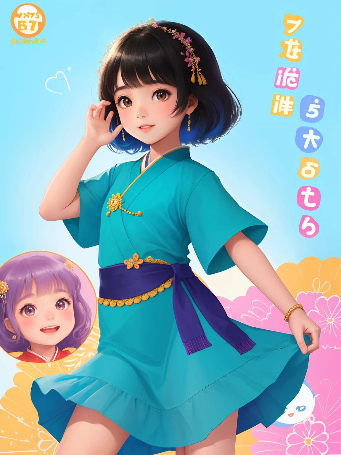 Uma de 5 anos de idade, estilo desenho animado da Pixar em 3d, with Asian traits, alegre e feliz, olhando para a frente, de vestido colorido e corpo inteiro, Typical Asian clothing, detalhes perfeitos e com delicadeza, infantil, Cute little child.