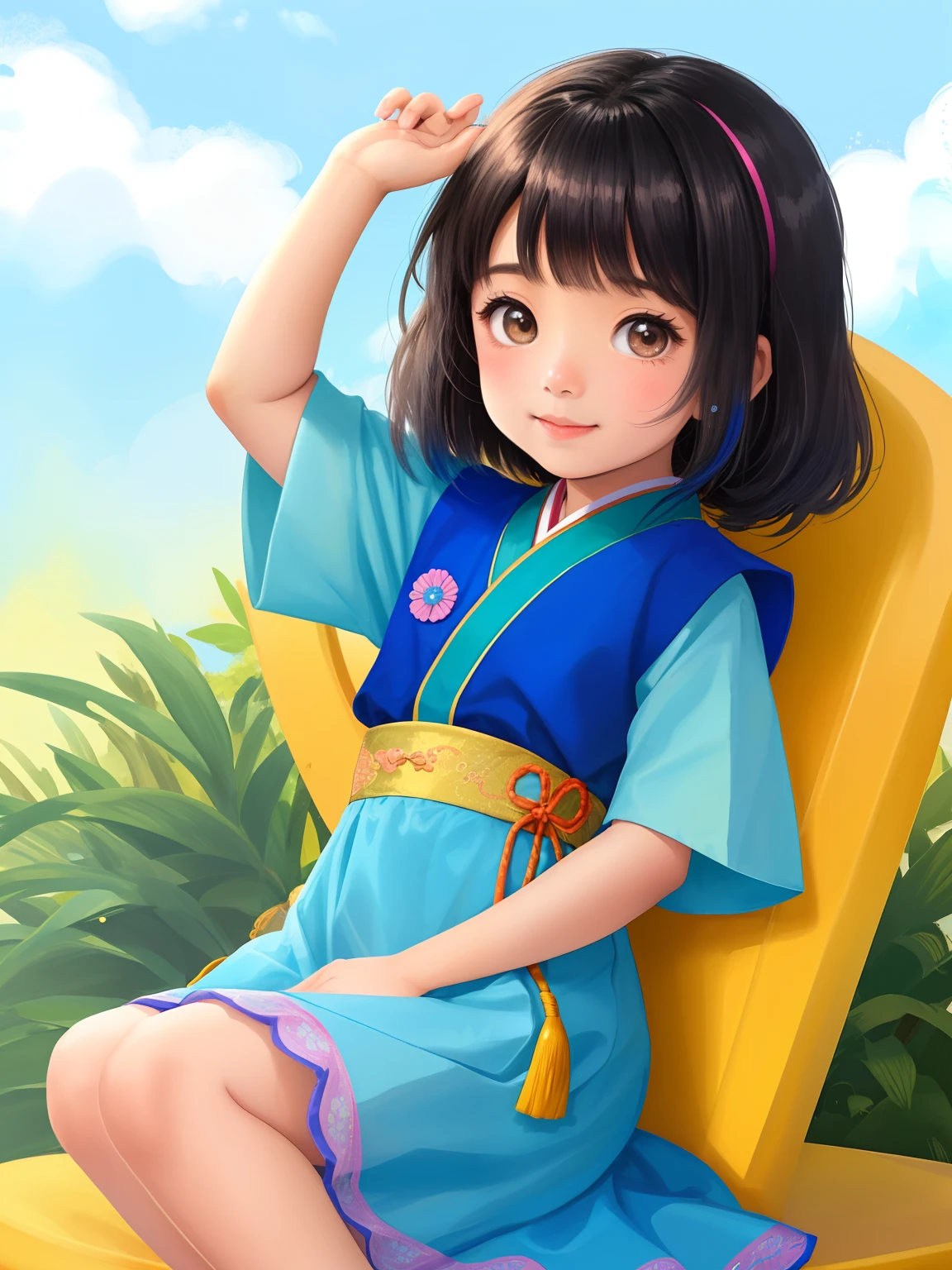 Uma menina de 5 anos de idade, estilo desenho animado da Pixar em 3d, with Asian traits, alegre e feliz, olhando para a frente, de vestido colorido e corpo inteiro, Typical Asian clothing, detalhes perfeitos e com delicadeza, infantil, Cute little child.