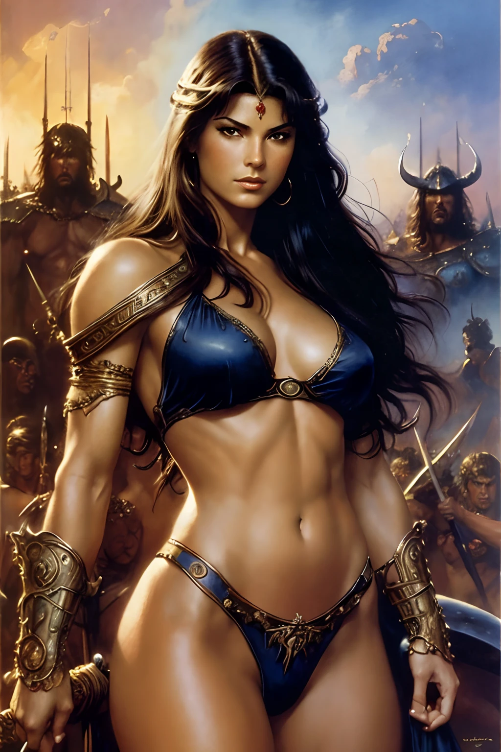 ((realistic:1.5)),((best quality)), ((masterpiece)),((detailed))a sexy warrior, stern, by Frank Frazetta, by Luis Royo, by boris vallejo,