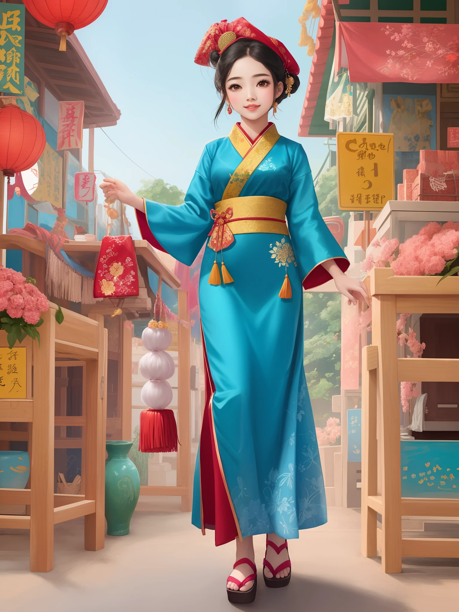 Uma menina de 5 anos de idade, estilo desenho animado da Pixar em 3d, with Asian traits, alegre e feliz, olhando para a frente, de vestido colorido e corpo inteiro, Typical Asian clothing, detalhes perfeitos e com delicadeza.