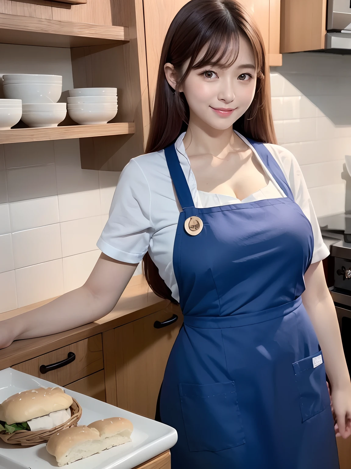 (4 k、top-quality)、(realisitic、Photorealsitic)、(Yakian)、
1girl in、独奏、fullllbody、(Front-facing:1.3)、
perfect hand、up looking_で_the viewer、
whiteshirt、
natta、Kitchen in the house、Making hamburgers、finerly detailed face、Slightly chubby、The best smile、Light brown long curled hair,((huge-breasted:1.2)),((Wearing a blue apron:1.3)), (Cameltoe),35 year old、Nogizaka Idol、actress、Korean Idol、hposing Gravure Idol,place one's arms behind one's back,raise both arm,(Aside)