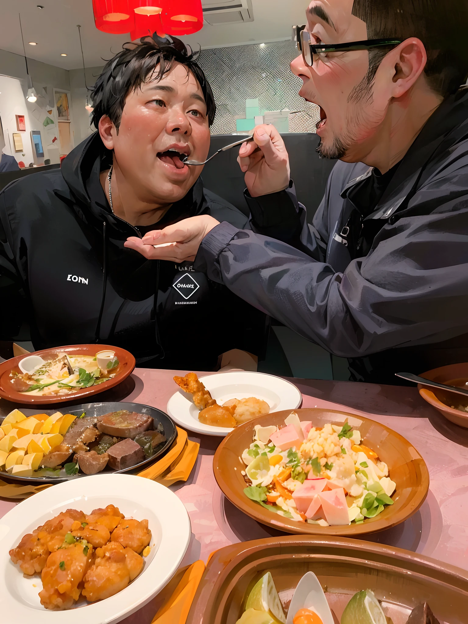 (middle-aged man, Long Black Hair, Short skirt), (Boy, Black short sleeves), Dining table, Eating,Short-haired with black hair,Fade Cut,wears glasses,Obese body type