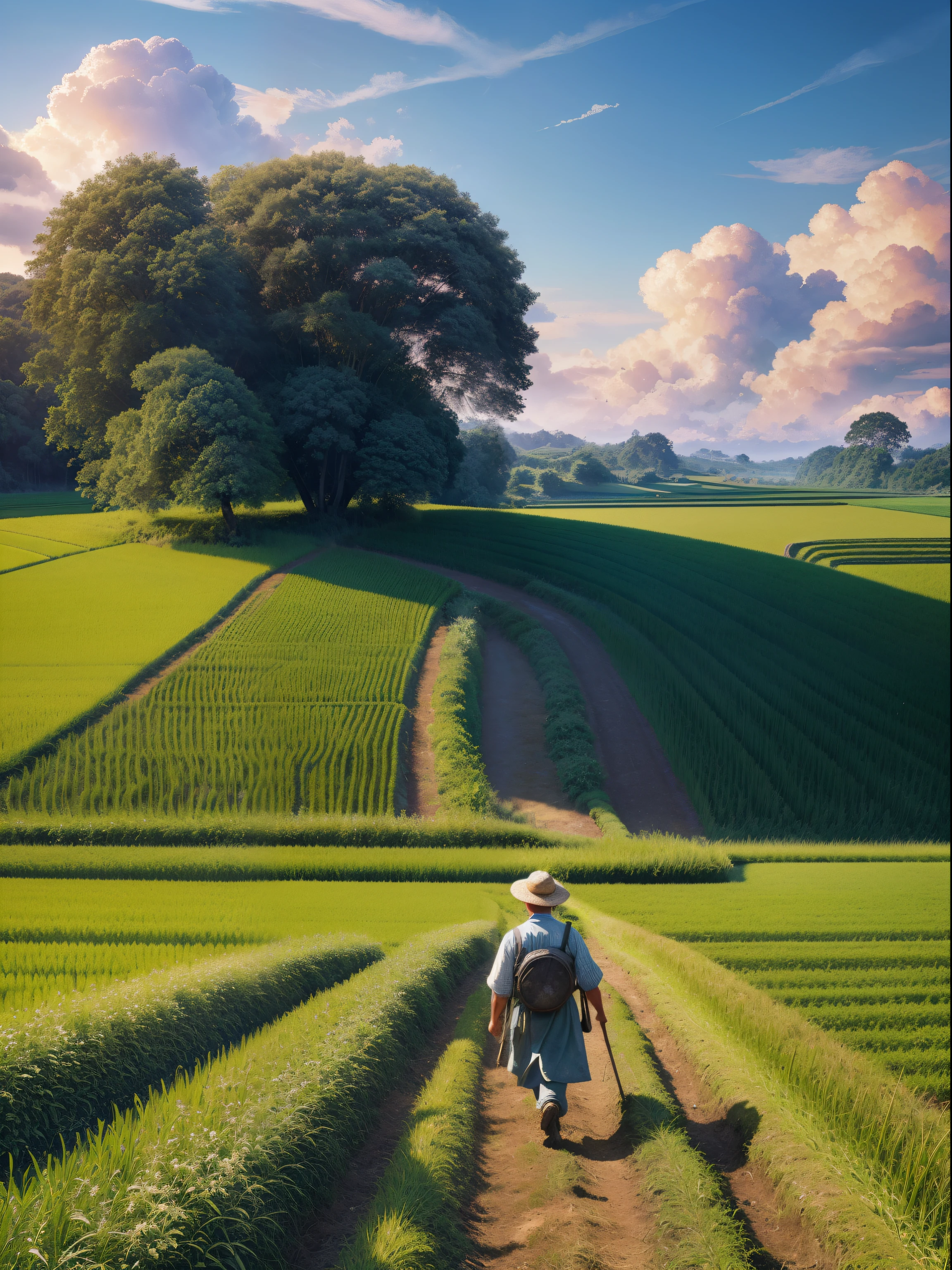 An old farmer carrying a flat burden, walking on the winding path of the countryside, big clouds, blue sky, rice fields, neat rice seedlings in the field, forest, hillside, secluded, countryside, HD detail, hyper-detail, cinematic, surrealism, soft light, deep field focus bokeh, ray tracing and surrealism. --v6