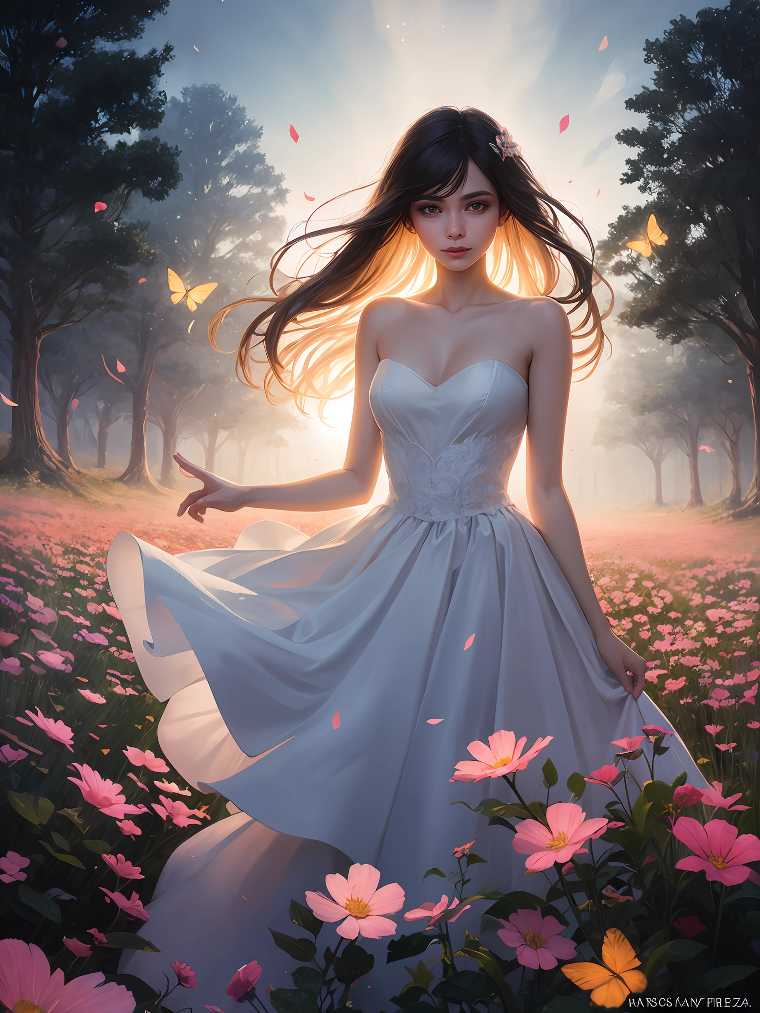 1girl, solo, full body, (masterpiece:1.21), (best quality:1.2), colorful, (illustration:1.2), (cinematic lighting:1.1), (bare shoulders:1.21), (collarbone:1.21) in this whimsical A beautiful and dreamlike garden, the scene is illuminated by a rainbow (colorful fireflies) dancing in the air. Pastel (drizzle) adorns the garden, creating a hazy and ethereal atmosphere. In the center of the picture, stands a single girl, an extremely beautiful girl, with lovely facial features and an innocent expression. Her long hair fluttered in the wind. She wore a low-cut strapless dress that accentuated her curves. The lighting is very delicate and beautiful, creating a soft warm glow that accentuates the water and makes it sparkle like a diamond. The finest grasses are also illuminated to create a lush carpet. The garden is surrounded by colorful flower fields with flowers of all colors and shapes. Various colors and sizes (coloured butterflies) can be seen flying around the scene, adding to the overall sense of wonder and magic. (Everyone, judges), a blush can be seen on the bridge of the nose, and the mouth is slightly opened, which adds to the overall sense of innocence and youth. Falling petals can be seen waving around her, adding to the overall sense of romance and beauty. The breeze is blowing, the leaves are rustling, and the flowers are swaying, adding to the overall dynamism and vitality. It is a scene of pure wonder and magic, full of color and beauty, where the viewer can lose themselves in this enchanting and captivating world.