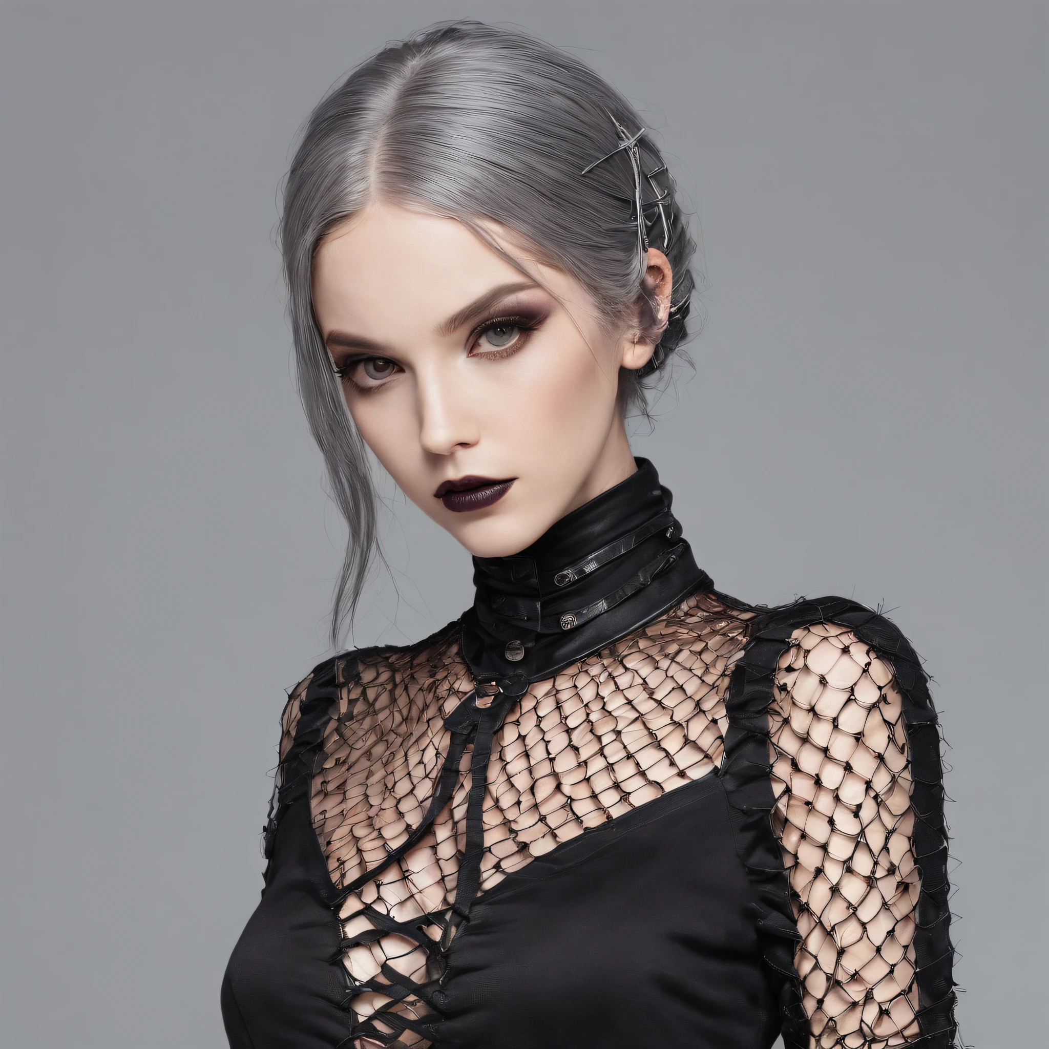 Girl in symbolic clothes of Gothic net, 。.。.com (Barbed wire for the body) brunette color hair,Gray hair ends